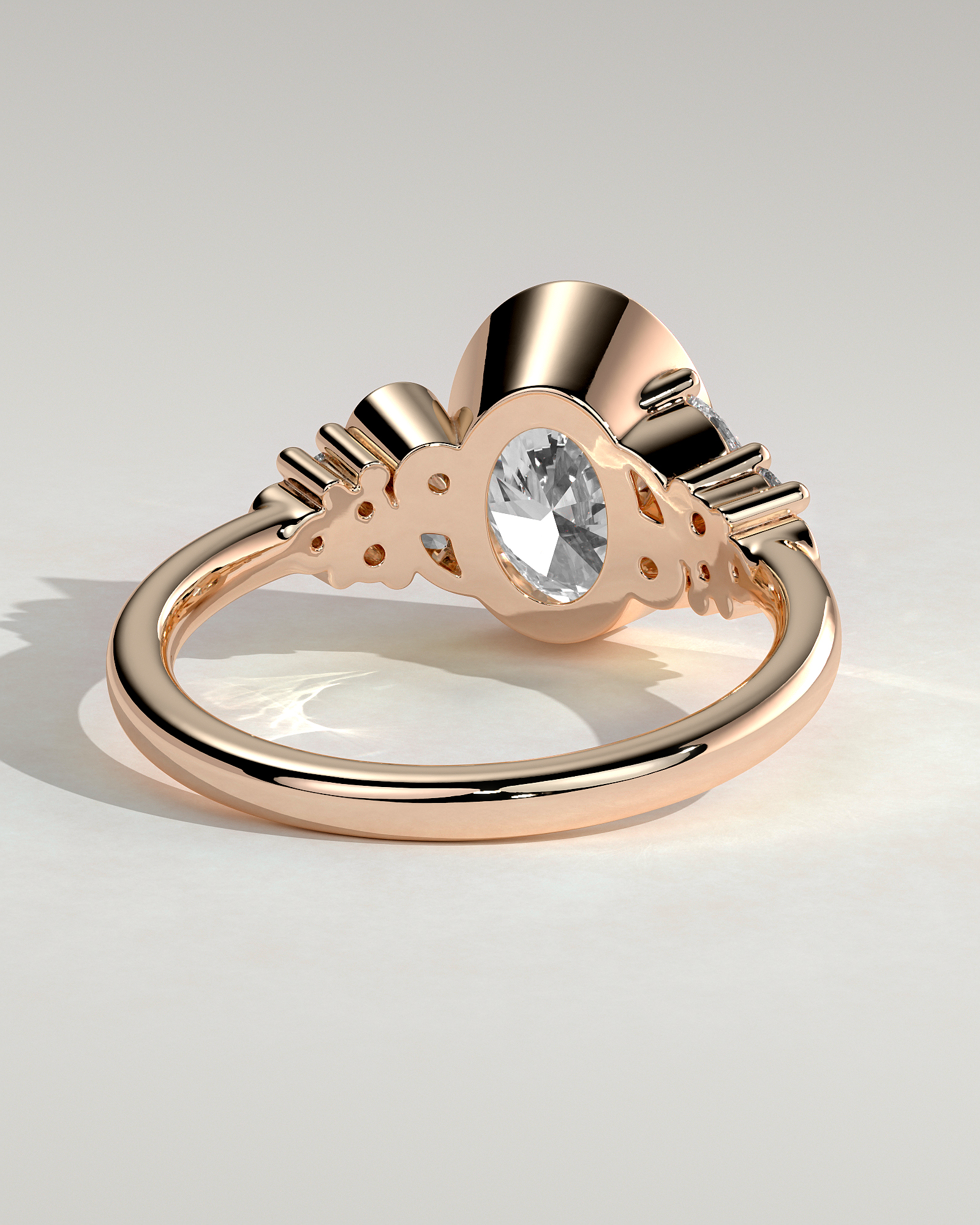 Oval Bezel Solitaire with Clustered Round-Marquise Mixed Set Shoulder Stones Engagement Ring - 18k Rose Gold