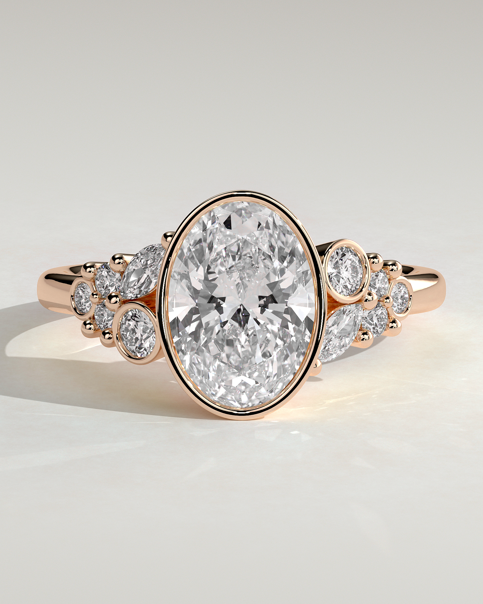 Oval Bezel Solitaire with Clustered Round-Marquise Mixed Set Shoulder Stones Engagement Ring - 18k Rose Gold