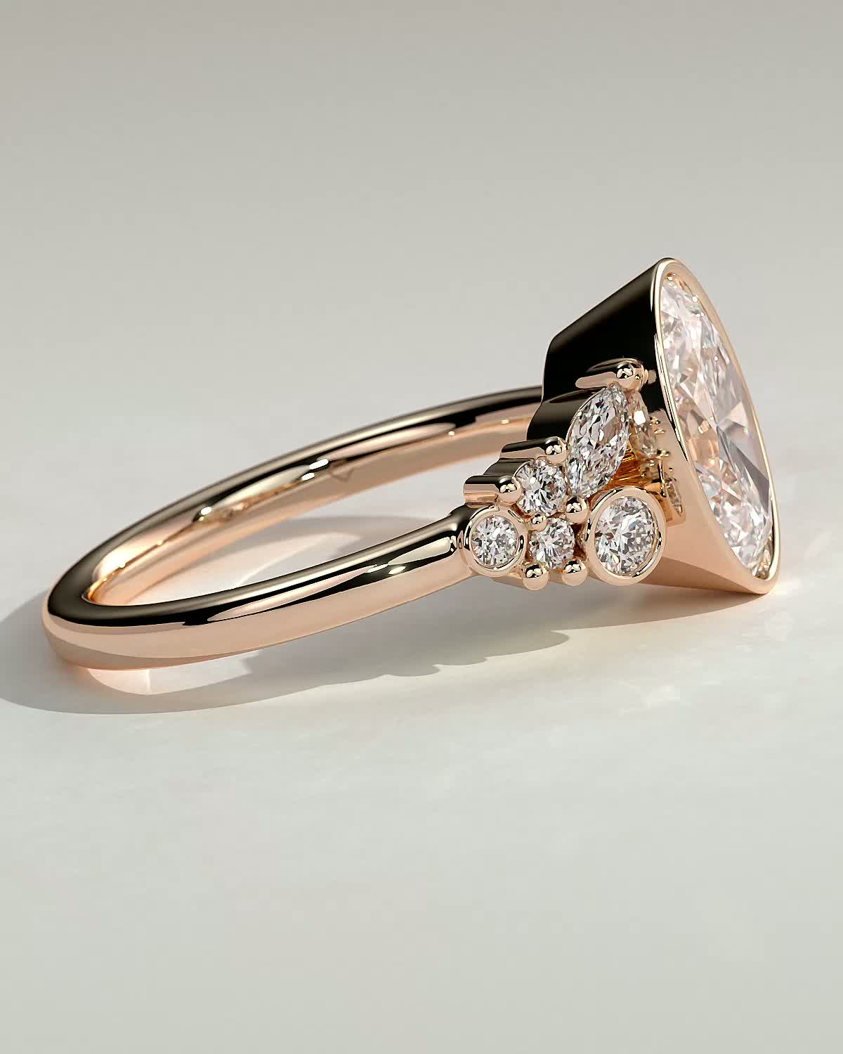 Oval Bezel Solitaire with Clustered Round-Marquise Mixed Set Shoulder Stones Engagement Ring - 18k Rose Gold