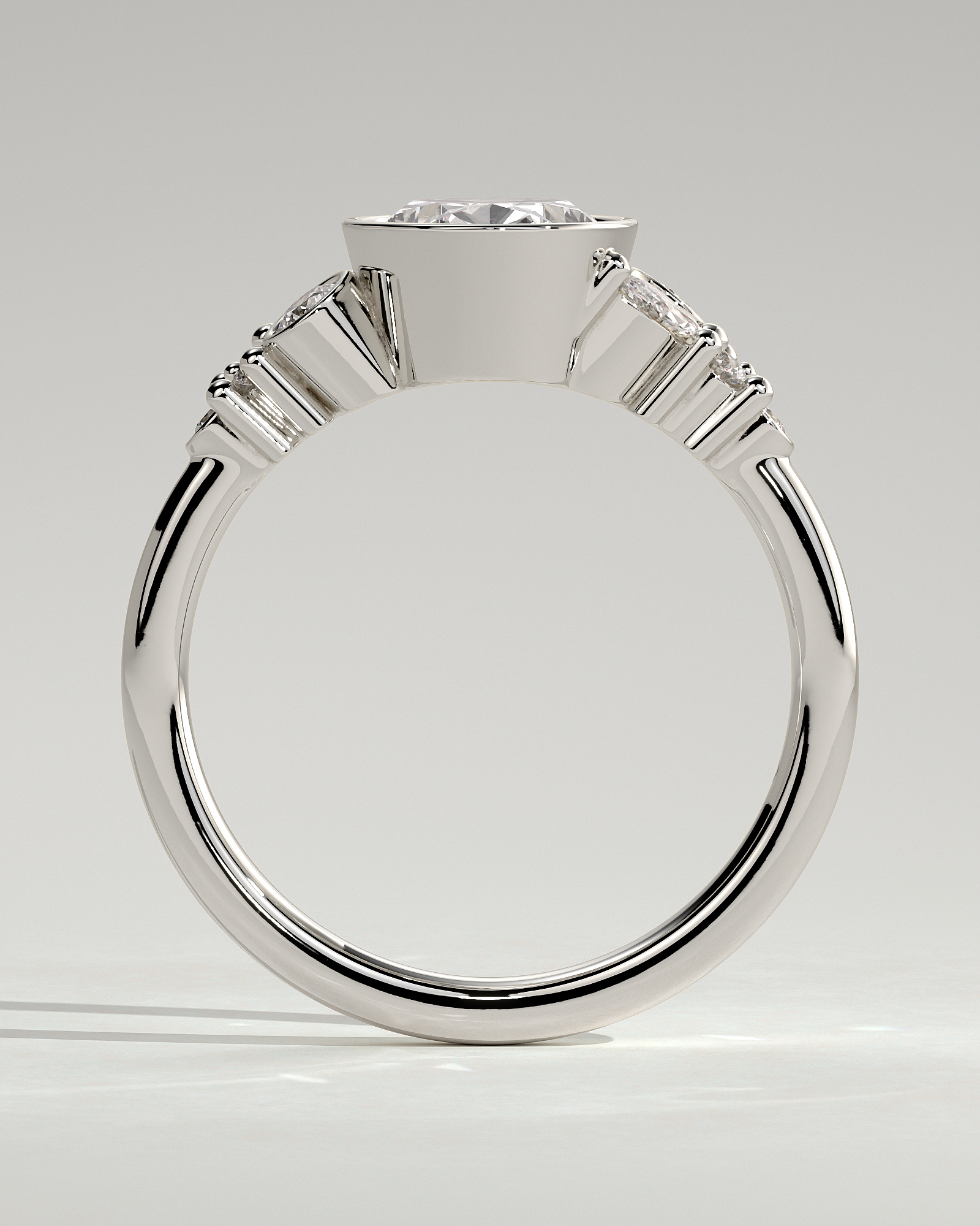 Oval Bezel Solitaire with Clustered Round-Marquise Mixed Set Shoulder Stones Engagement Ring - 18k White Gold