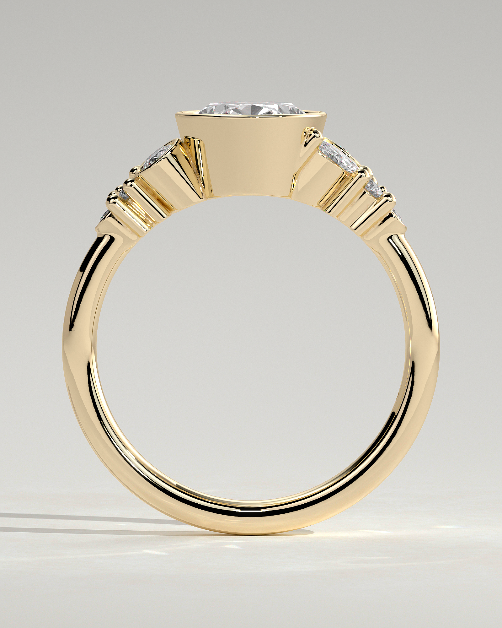 Oval Bezel Solitaire with Clustered Round-Marquise Mixed Set Shoulder Stones Engagement Ring - 18k Yellow Gold