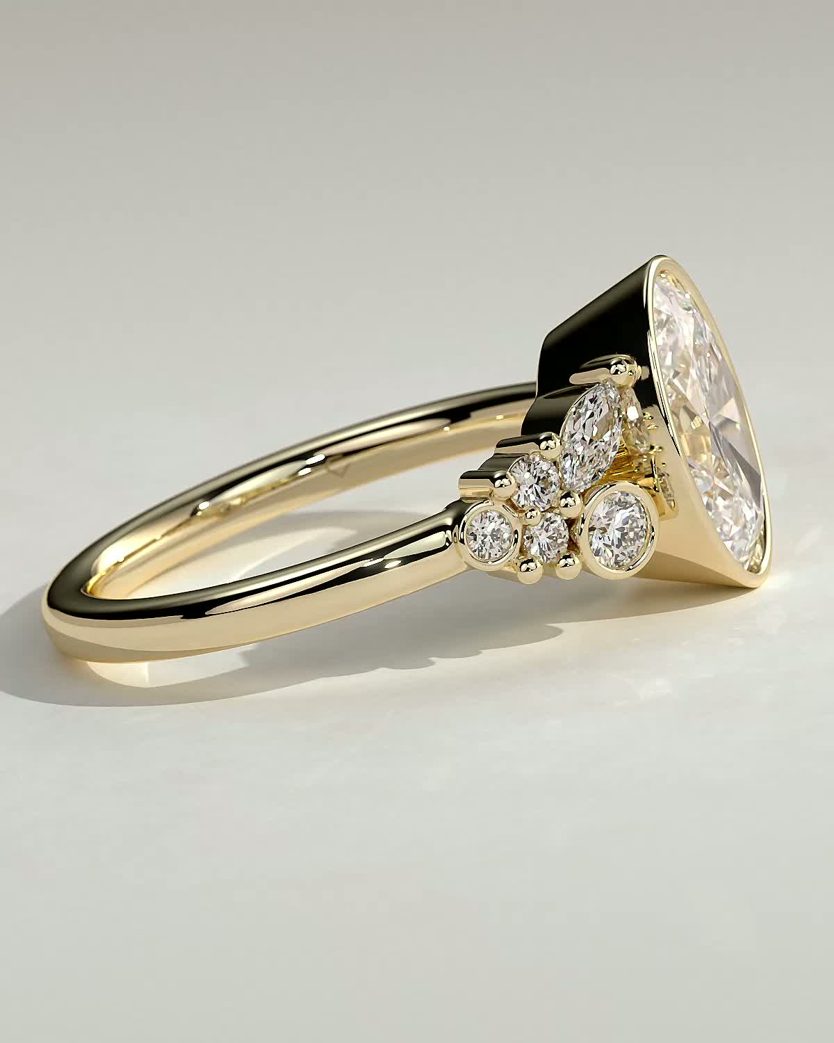 Oval Bezel Solitaire with Clustered Round-Marquise Mixed Set Shoulder Stones Engagement Ring - 18k Yellow Gold