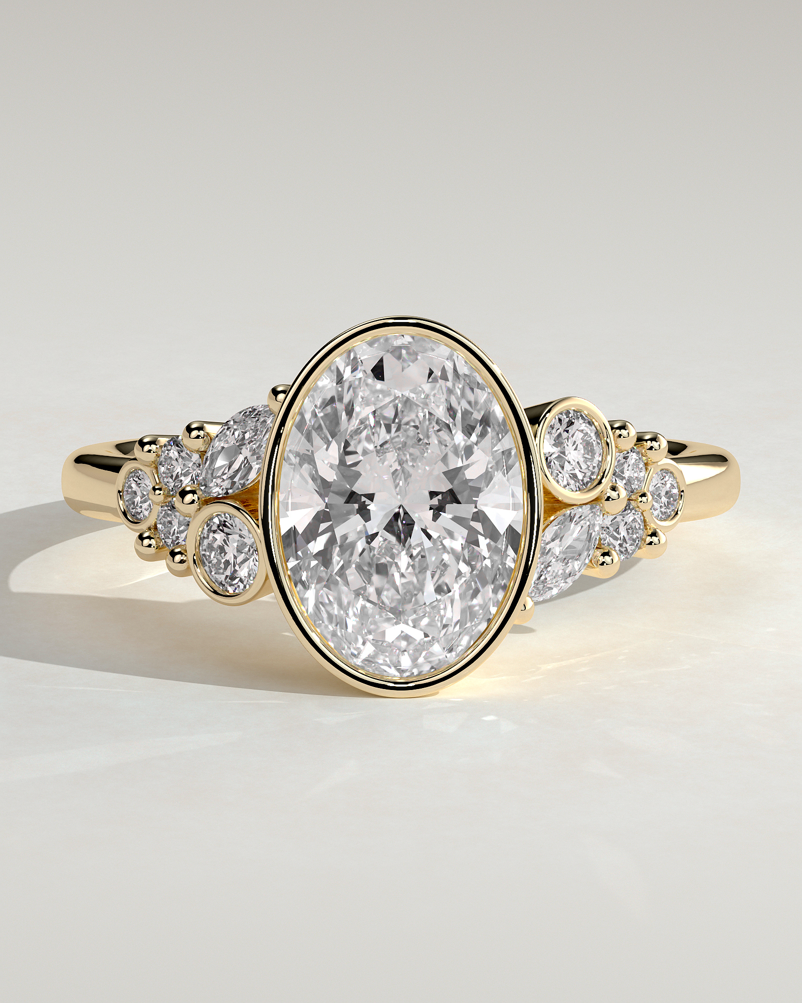 Oval Bezel Solitaire with Clustered Round-Marquise Mixed Set Shoulder Stones Engagement Ring - 18k Yellow Gold