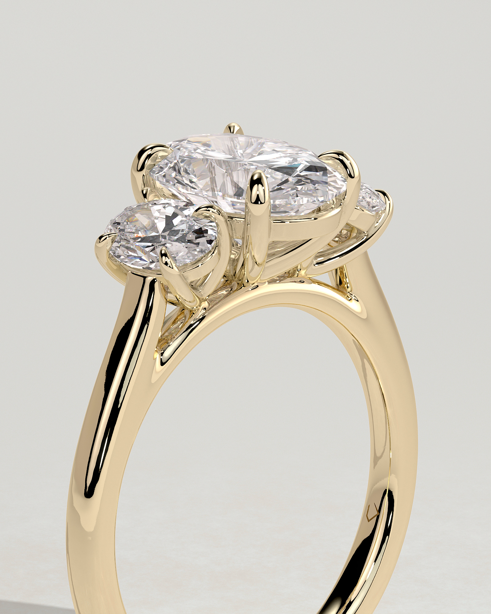 Oval 4 Claw Trilogy Engagement Ring - 18k Yellow Gold