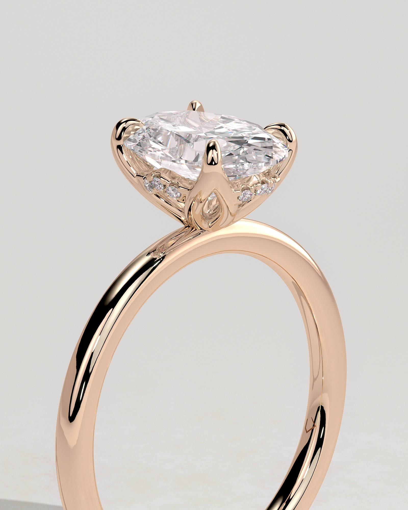 Oval 4 Claw Solitaire with Petal Gallery and Accented Tiara Detail Engagement Ring - 18k Rose Gold