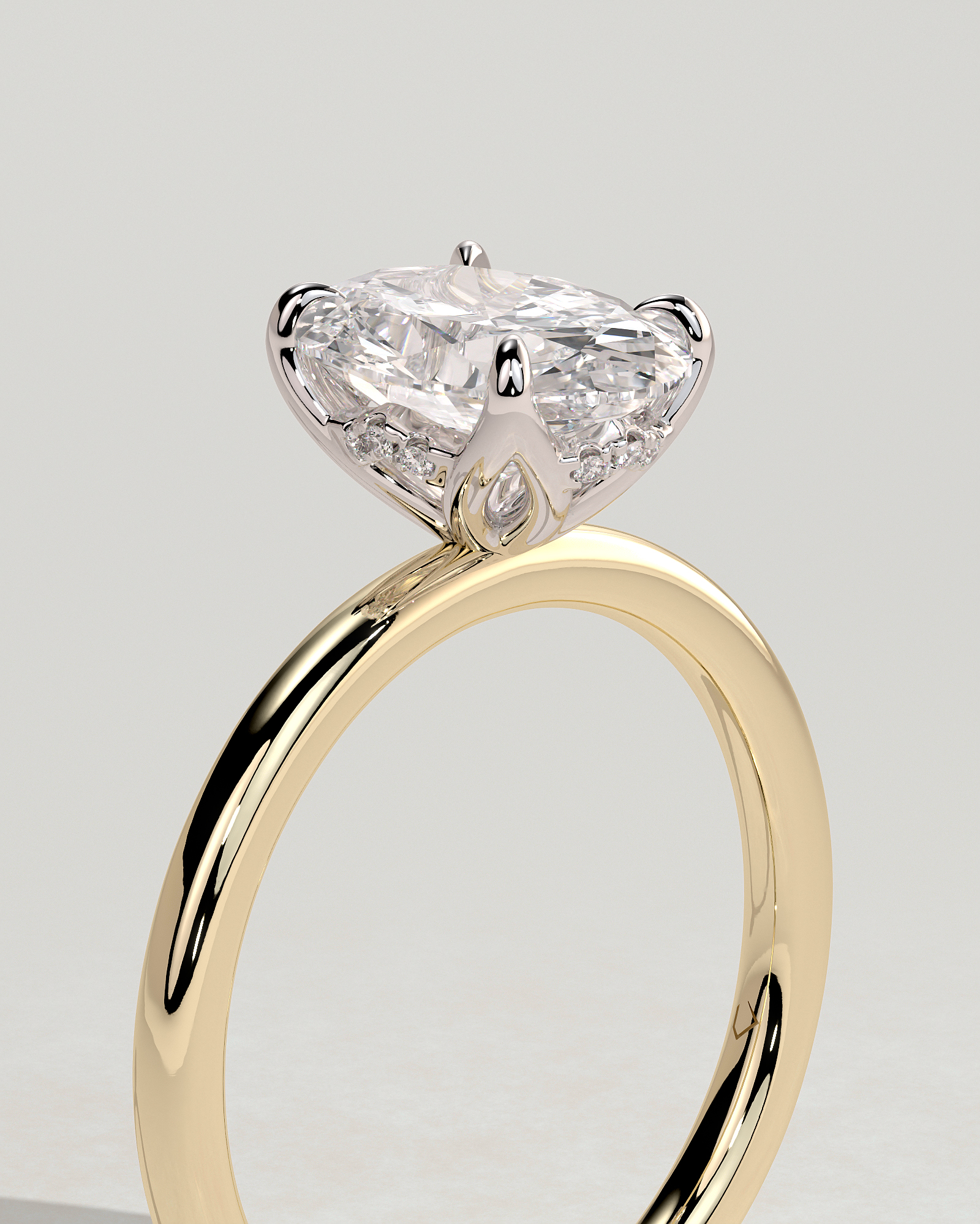 Oval 4 Claw Solitaire with Petal Gallery and Accented Tiara Detail Engagement Ring - 18k Yellow Gold / 18k White Gold