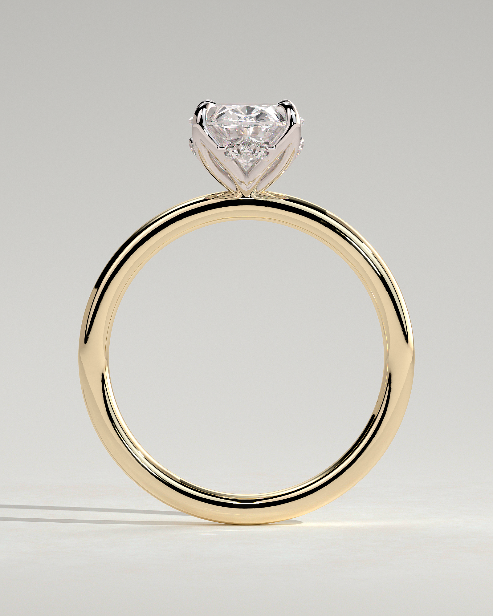 Oval 4 Claw Solitaire with Petal Gallery and Accented Tiara Detail Engagement Ring - 18k Yellow Gold / 18k White Gold