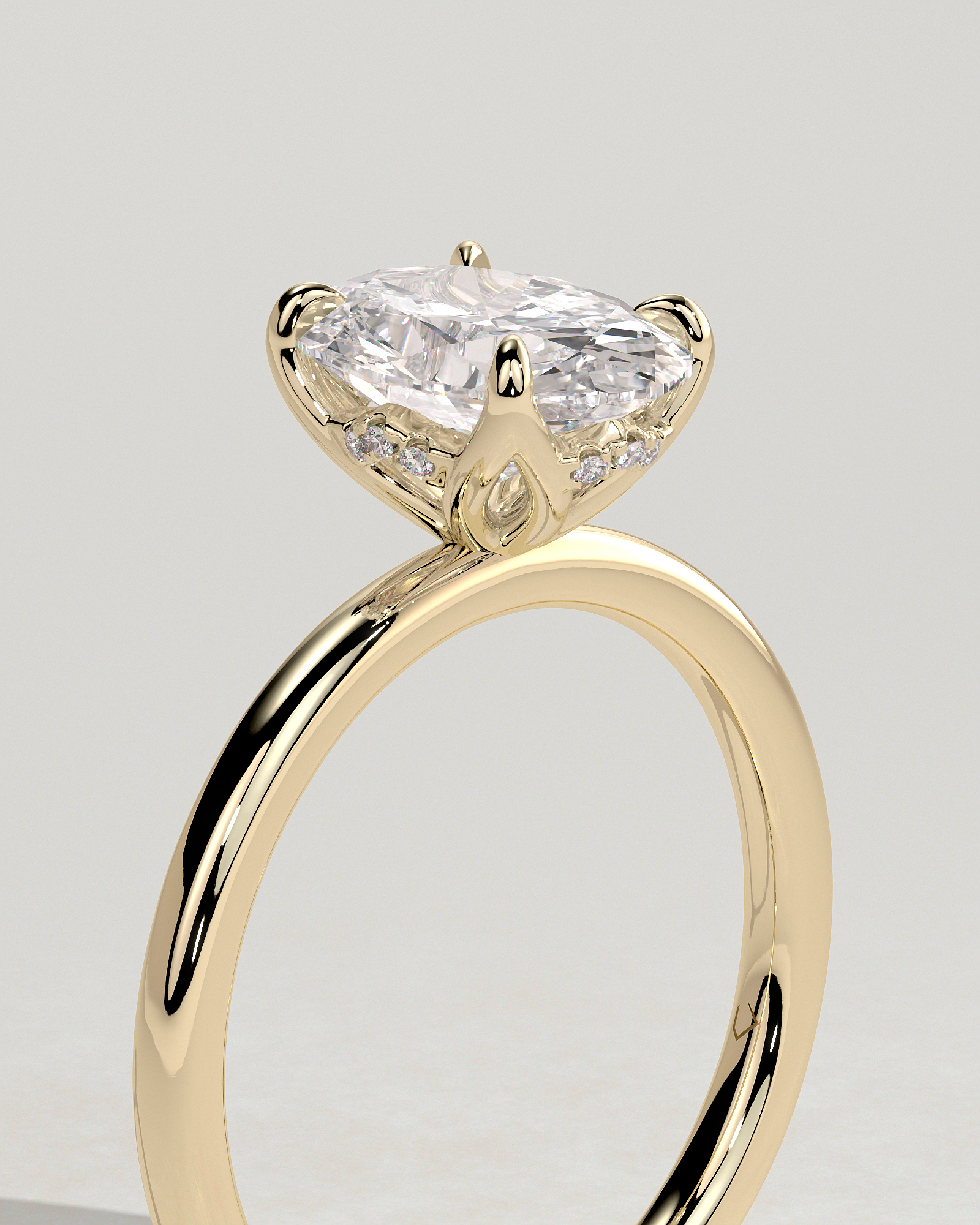 Oval 4 Claw Solitaire with Petal Gallery and Accented Tiara Detail Engagement Ring - 18k Yellow Gold