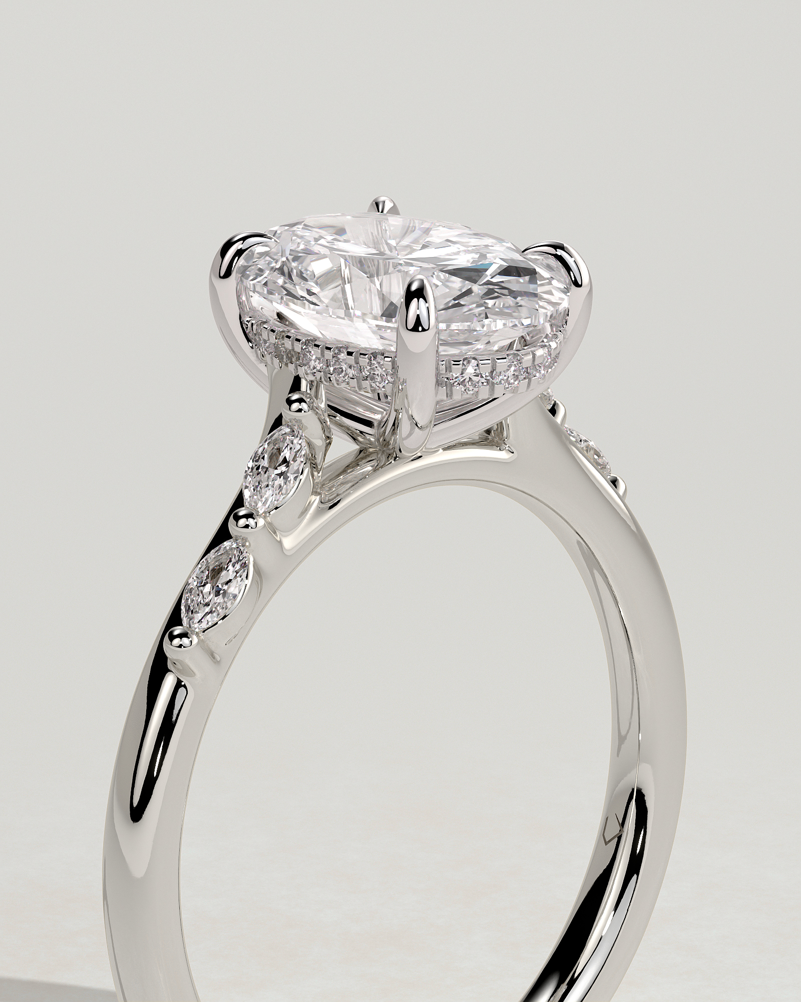 Jamie - Oval Solitaire with Opposing Marquise Accents - 18k White Gold