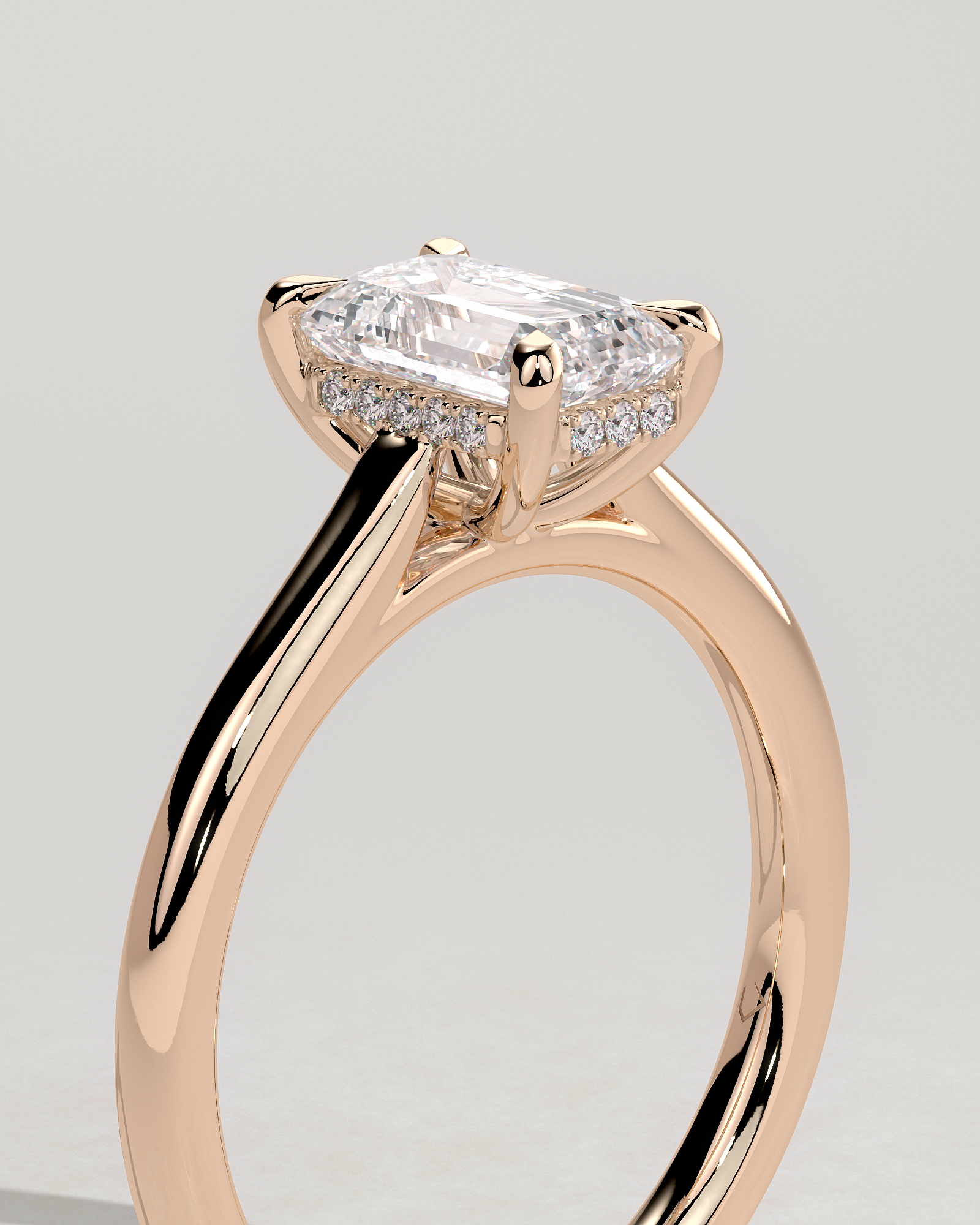 Jane - Emerald Solitaire with Hidden Halo and Cathedral Setting - 18k Rose Gold