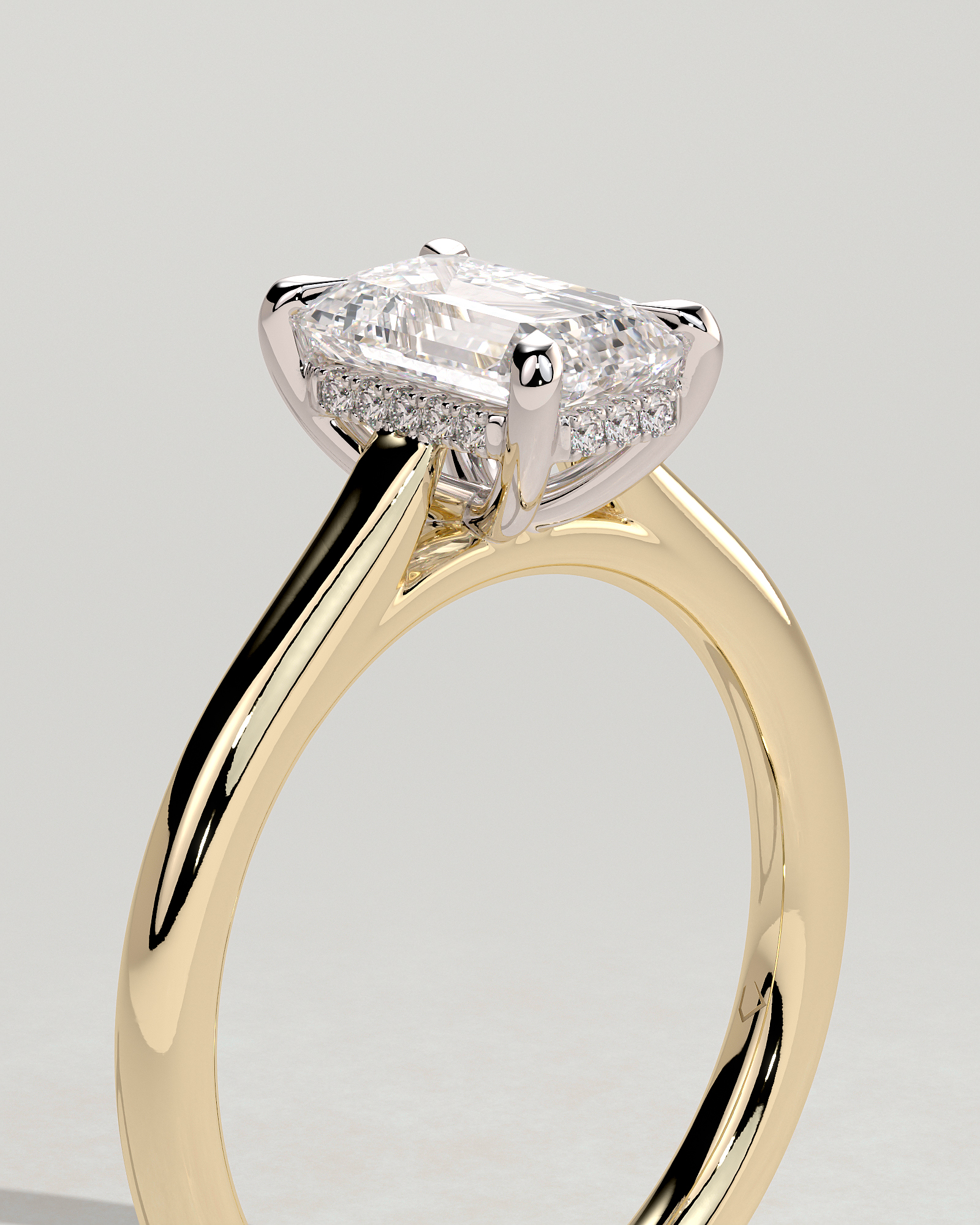 Jane - Emerald Solitaire with Hidden Halo and Cathedral Setting - 18k Yellow Gold / 18k White Gold