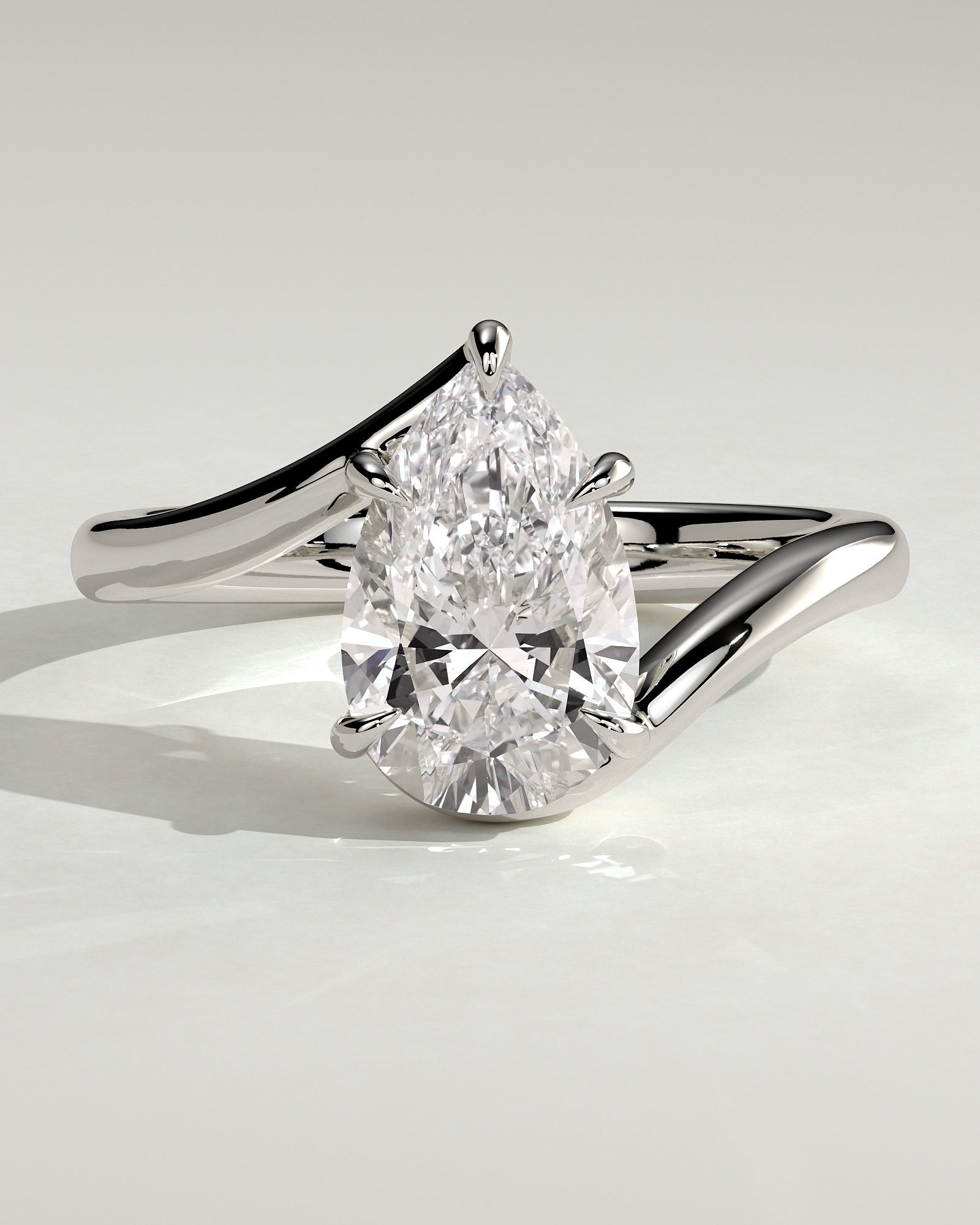 Pear 5 Claw Solitaire with Bypass Band Engagement Ring - 18k White Gold