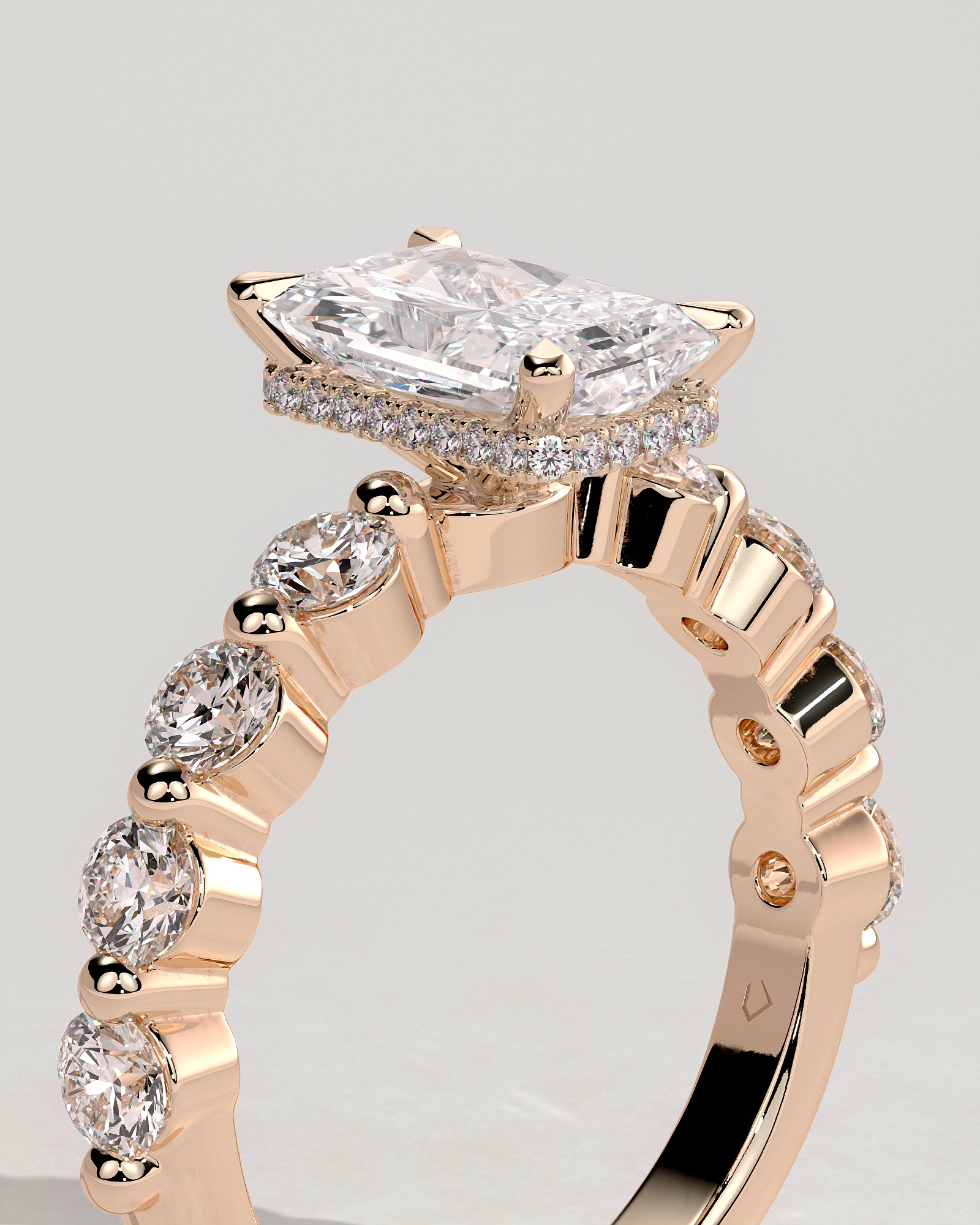 Josephine  Radiant Solitaire with Side Stones & Hidden Halo - 18k Rose Gold