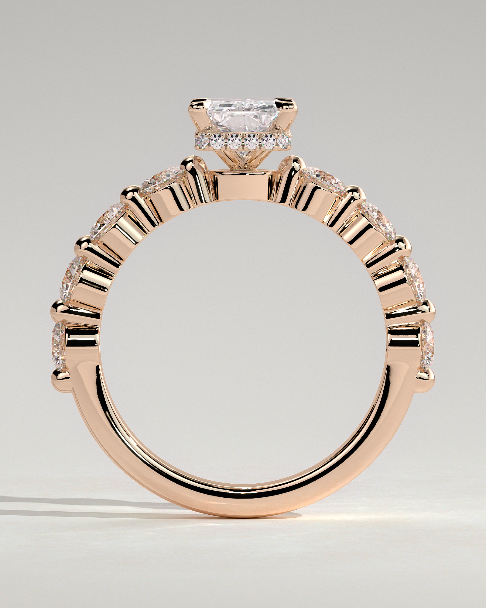 Josephine  Radiant Solitaire with Side Stones & Hidden Halo - 18k Rose Gold