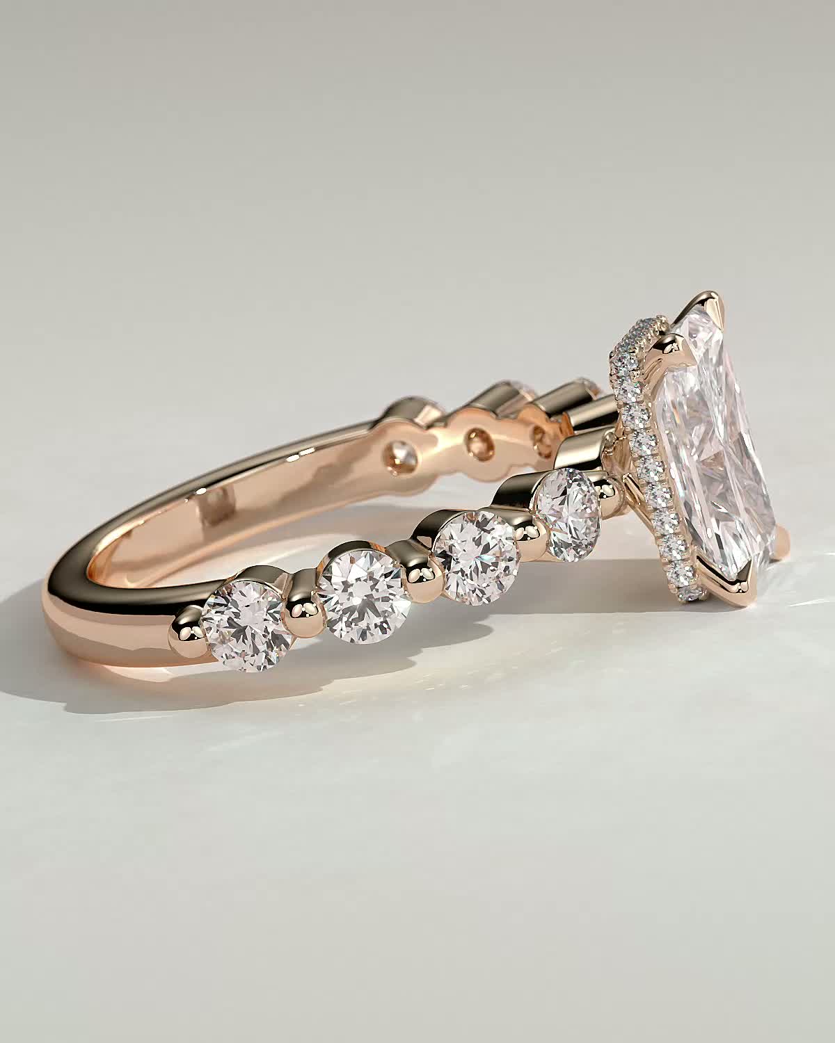 Josephine  Radiant Solitaire with Side Stones & Hidden Halo - 18k Rose Gold