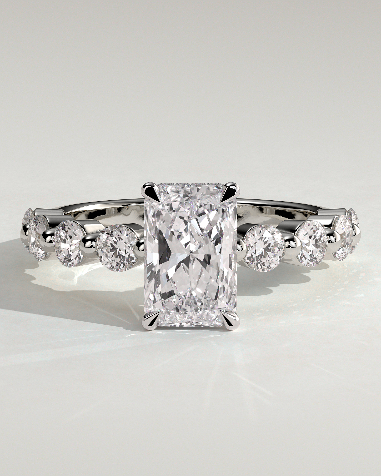 Josephine  Radiant Solitaire with Side Stones & Hidden Halo - 18k White Gold
