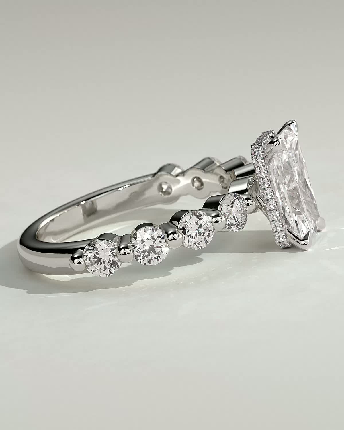 Josephine  Radiant Solitaire with Side Stones & Hidden Halo - 18k White Gold