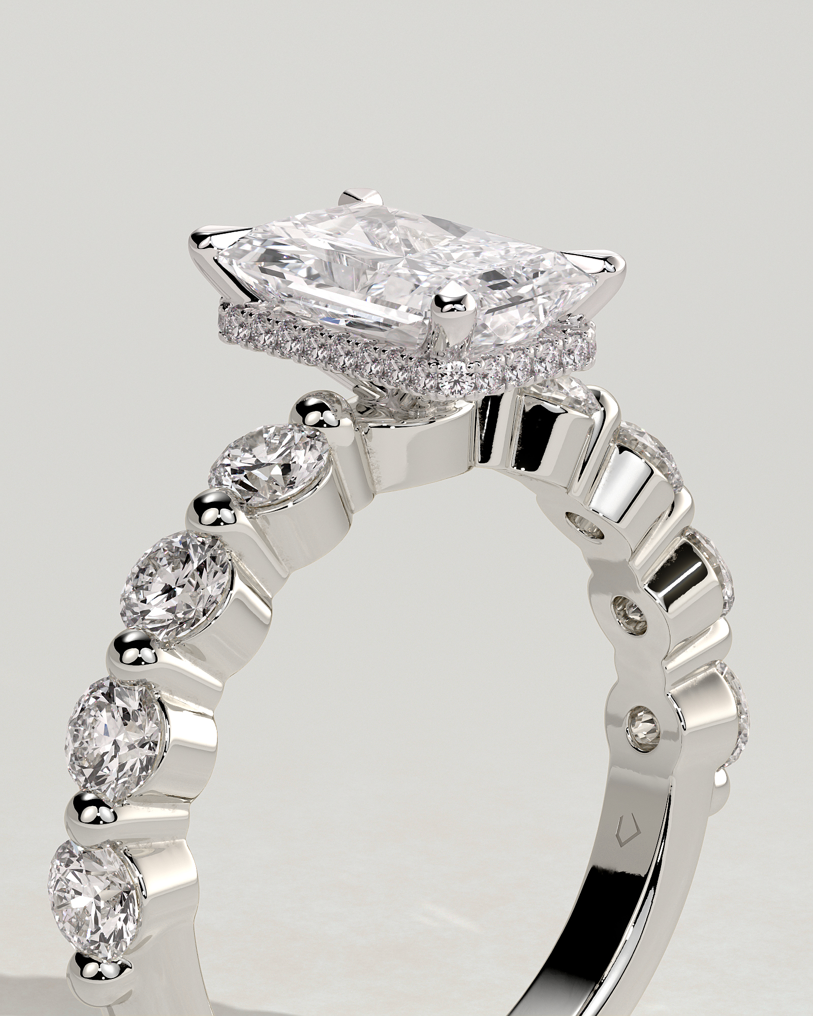 Josephine  Radiant Solitaire with Side Stones & Hidden Halo - 18k White Gold