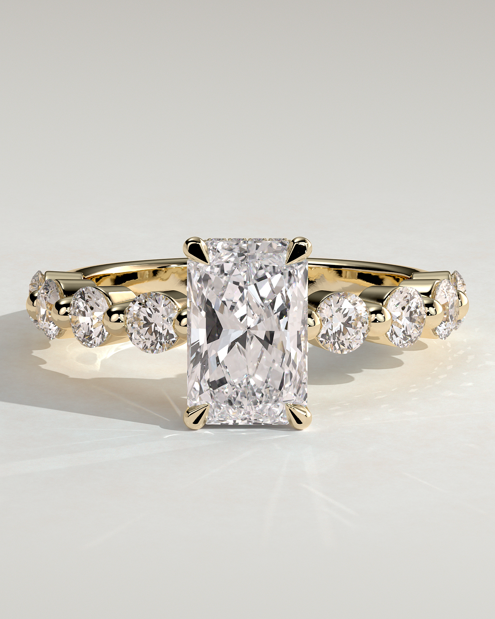 Josephine  Radiant Solitaire with Side Stones & Hidden Halo - 18k Yellow Gold