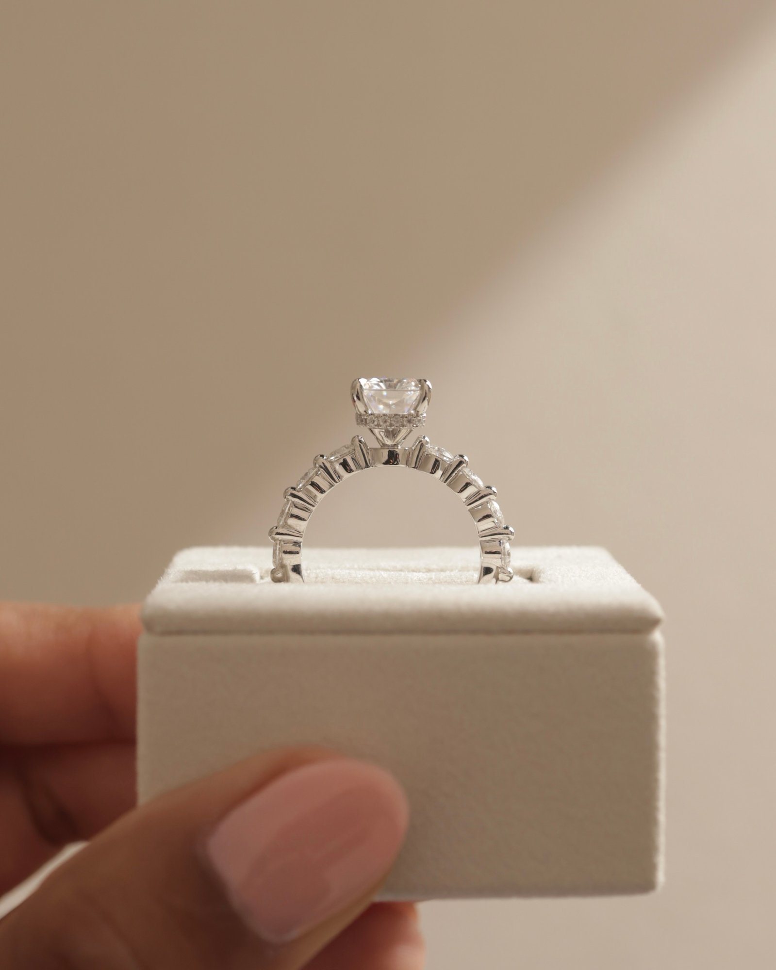 Josephine  Radiant Solitaire with Side Stones & Hidden Halo Lifestyle Image