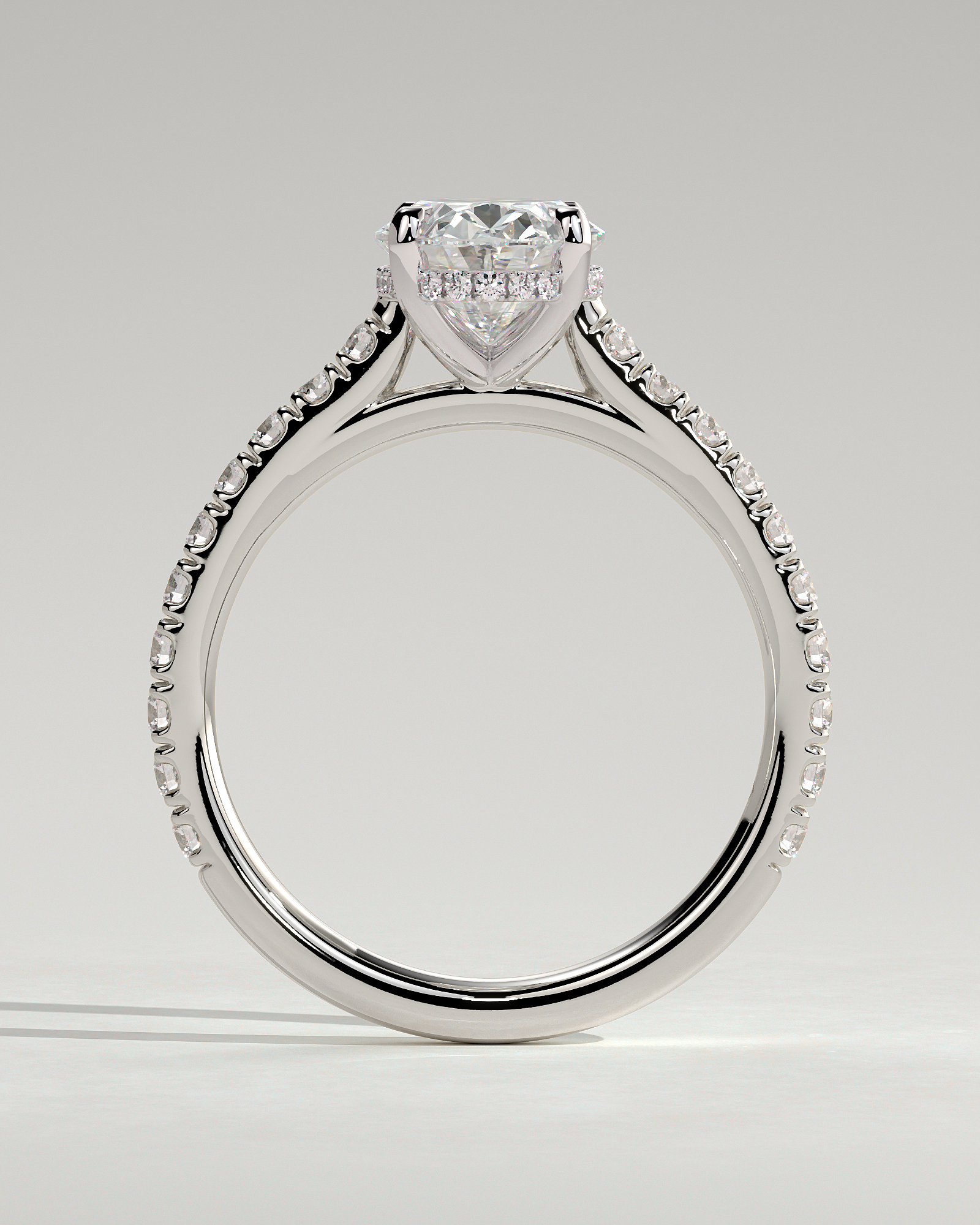 Julia - Oval 4 Claw Solitaire with Hidden Halo, Pave Band and Cathedral Setting Engagement Ring - 18k White Gold