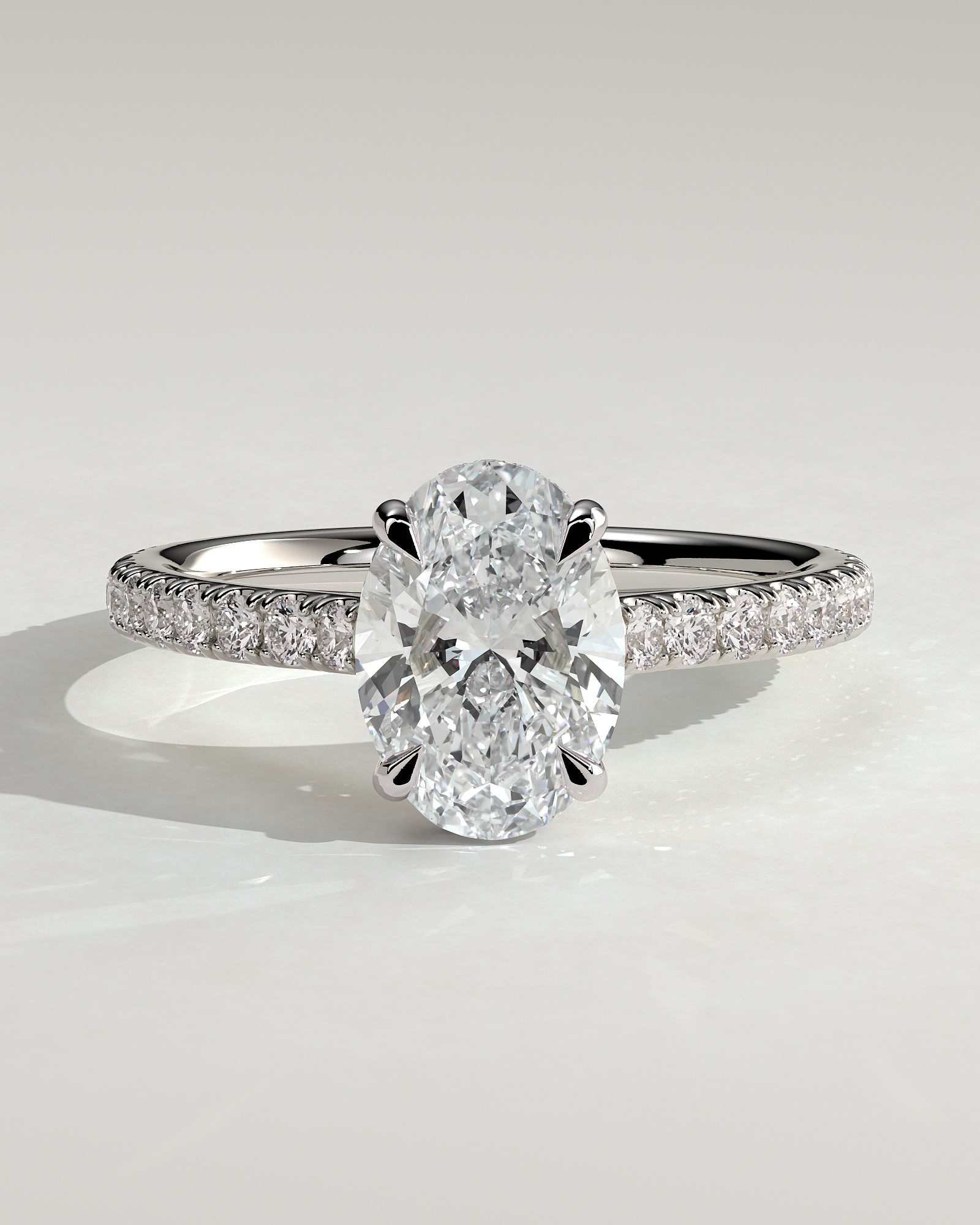Julia - Oval 4 Claw Solitaire with Hidden Halo, Pave Band and Cathedral Setting Engagement Ring - 18k White Gold