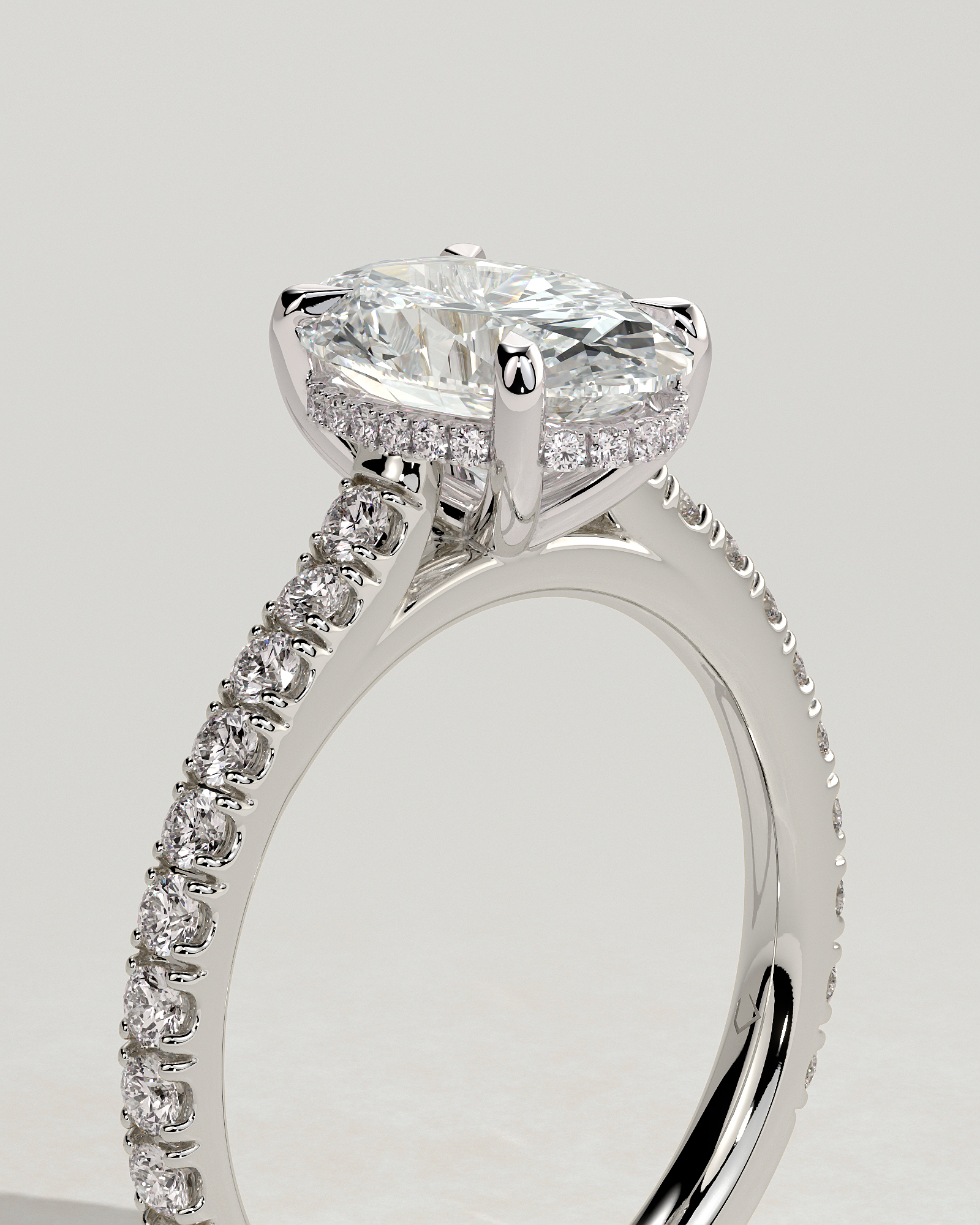 Julia - Oval 4 Claw Solitaire with Hidden Halo, Pave Band and Cathedral Setting Engagement Ring - 18k White Gold