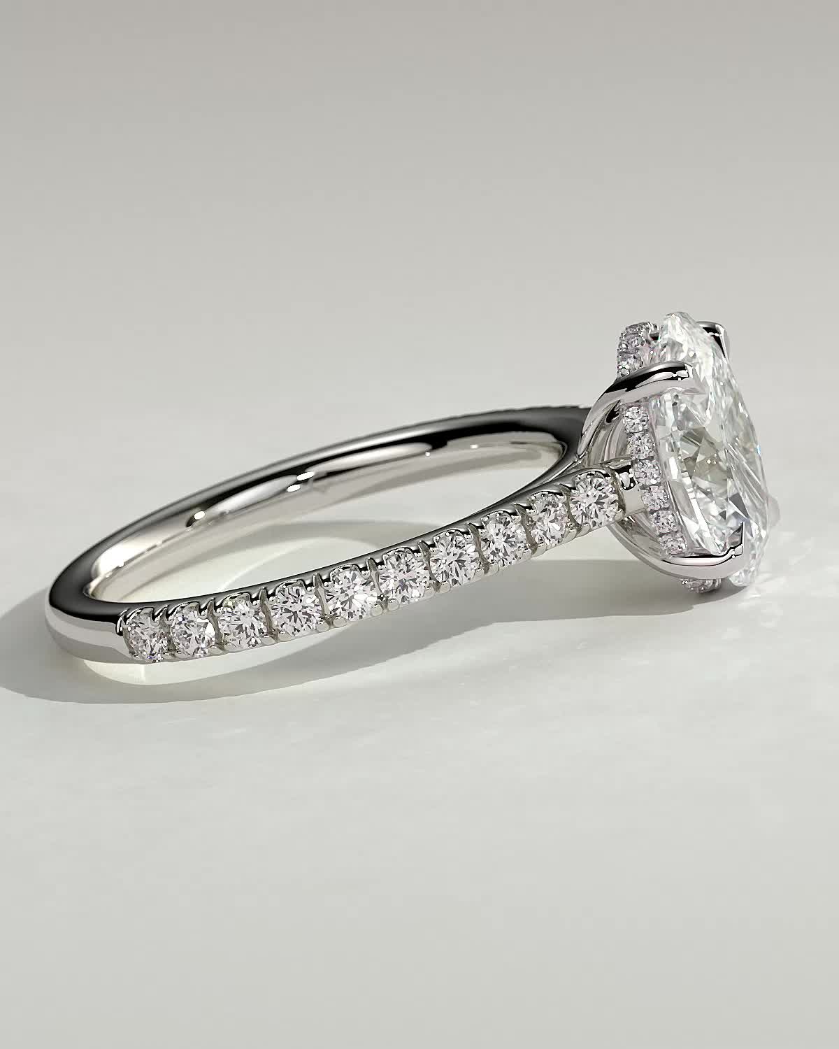 Julia - Oval 4 Claw Solitaire with Hidden Halo, Pave Band and Cathedral Setting Engagement Ring - 18k White Gold