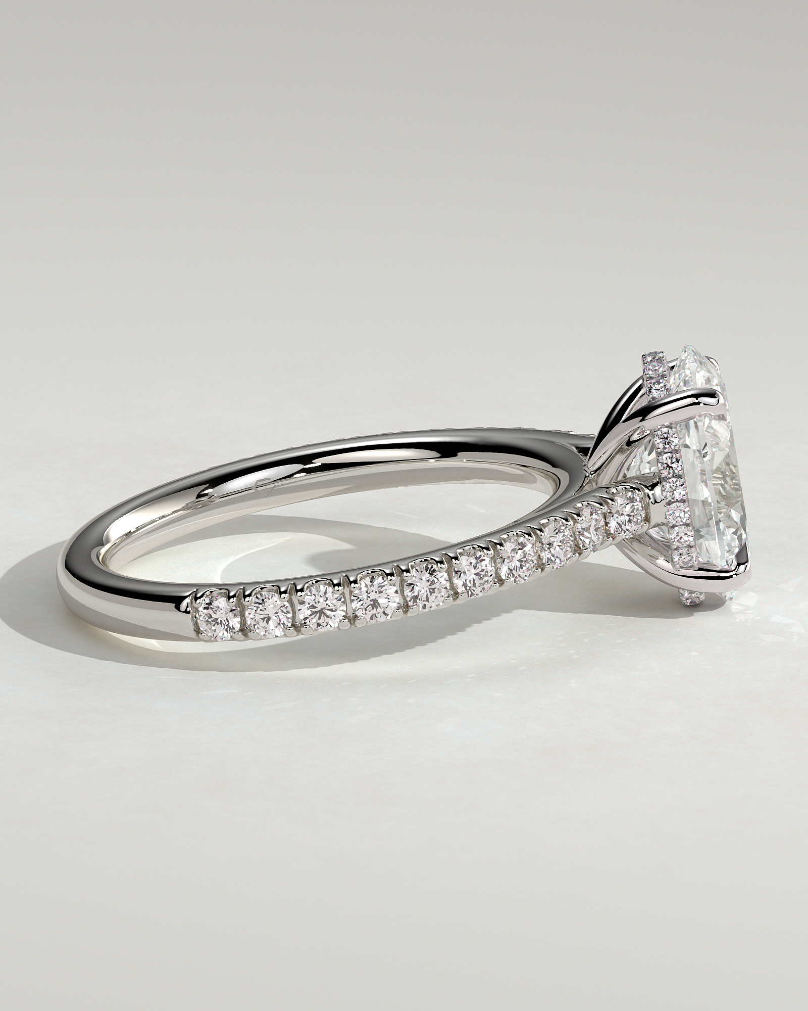 Julia - Oval 4 Claw Solitaire with Hidden Halo, Pave Band and Cathedral Setting Engagement Ring - 18k White Gold