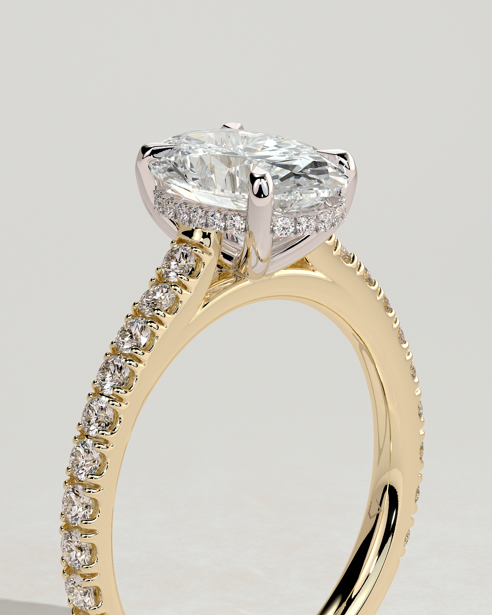 Julia - Oval 4 Claw Solitaire with Hidden Halo, Pave Band and Cathedral Setting Engagement Ring - 18k Yellow Gold / 18k White Gold
