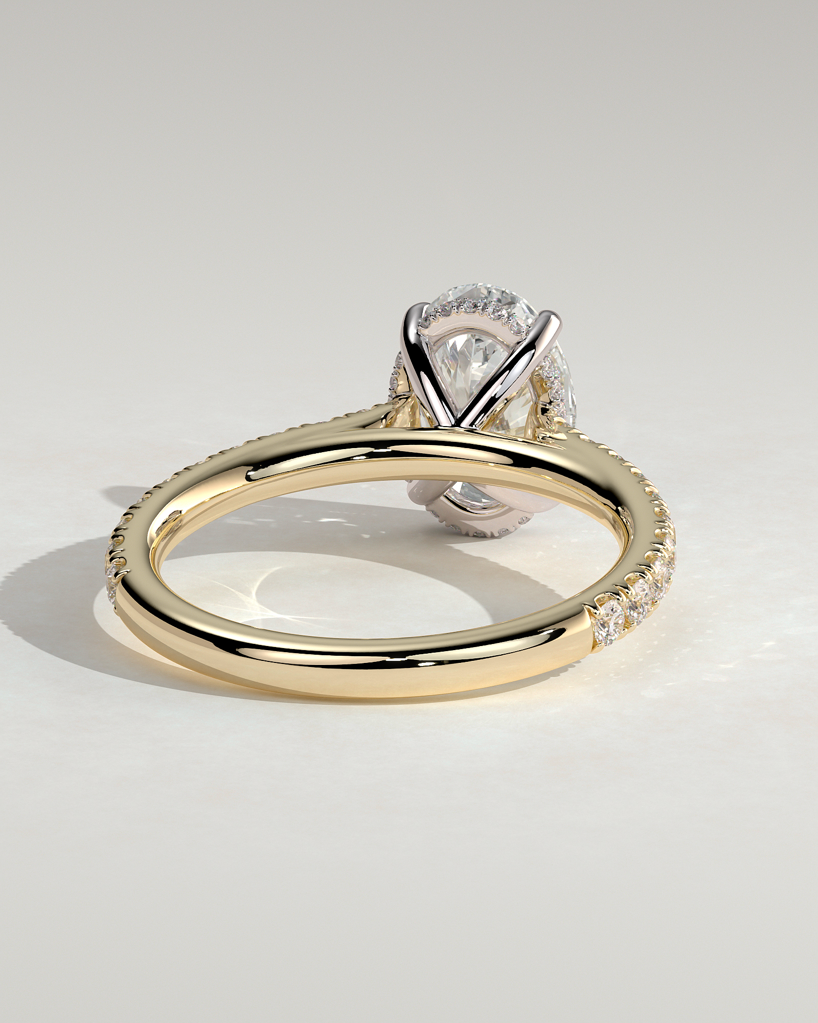 Julia - Oval 4 Claw Solitaire with Hidden Halo, Pave Band and Cathedral Setting Engagement Ring - 18k Yellow Gold / 18k White Gold