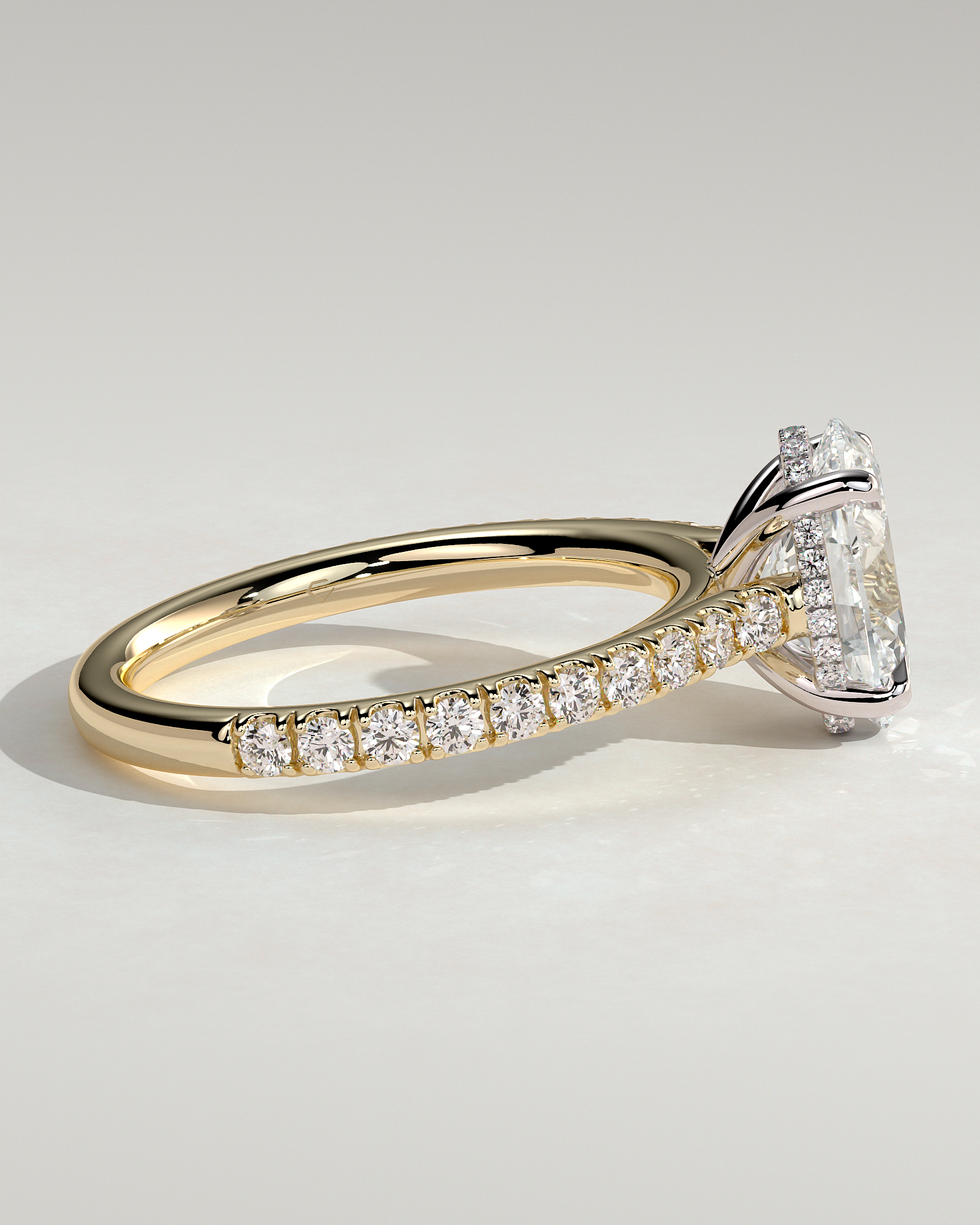 Julia - Oval 4 Claw Solitaire with Hidden Halo, Pave Band and Cathedral Setting Engagement Ring - 18k Yellow Gold / 18k White Gold
