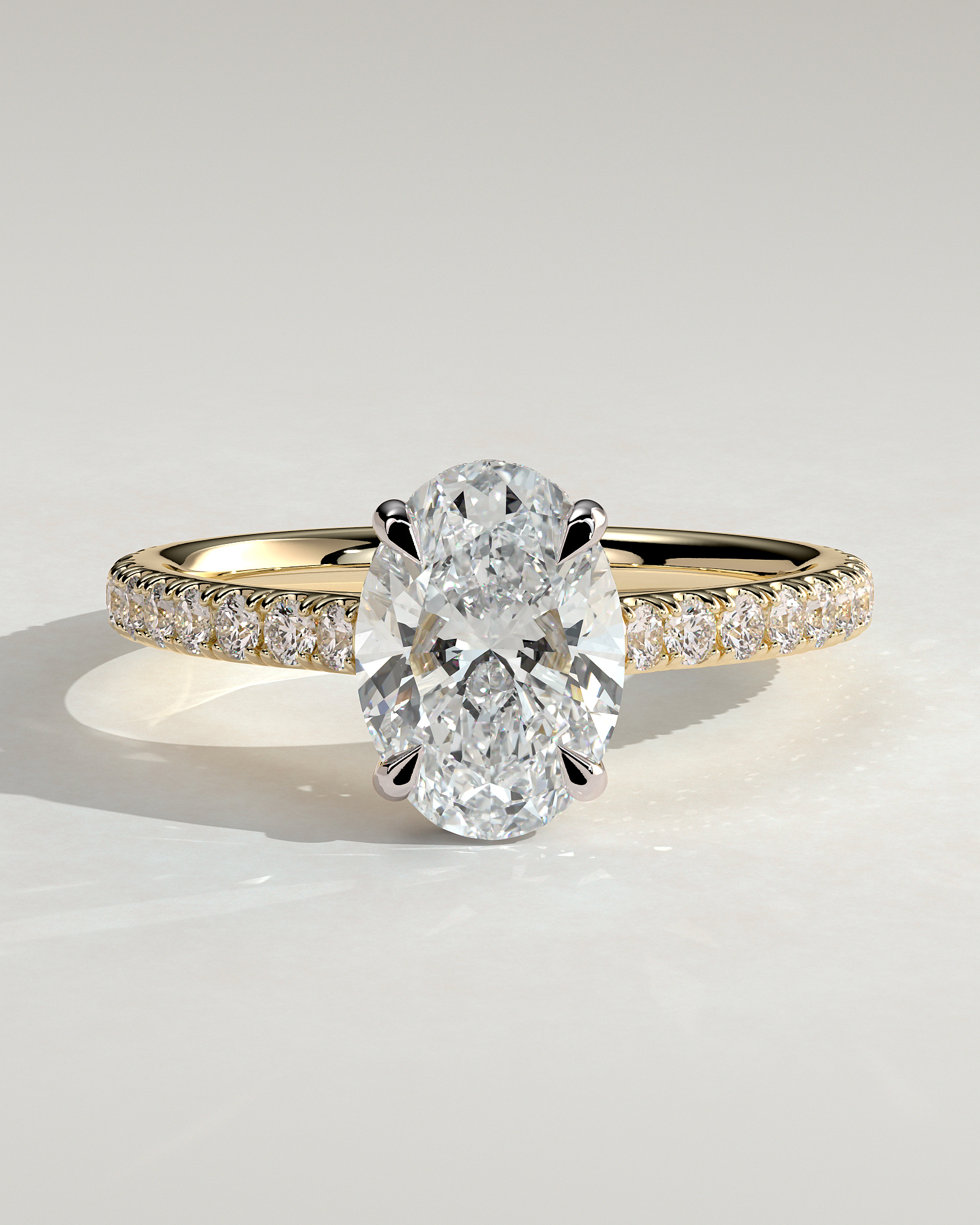 Julia - Oval 4 Claw Solitaire with Hidden Halo, Pave Band and Cathedral Setting Engagement Ring - 18k Yellow Gold / 18k White Gold