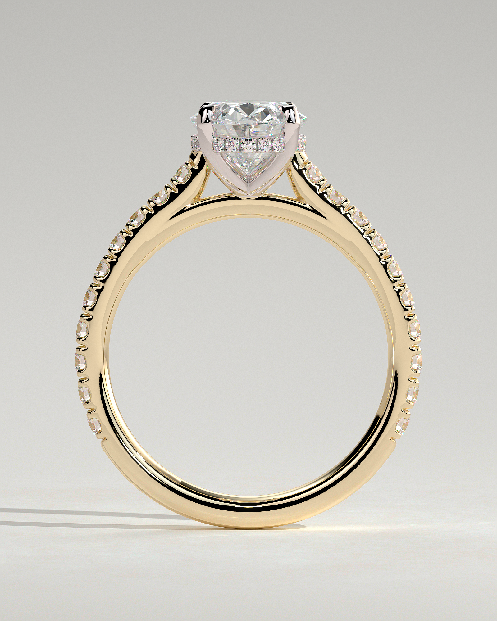 Julia - Oval 4 Claw Solitaire with Hidden Halo, Pave Band and Cathedral Setting Engagement Ring - 18k Yellow Gold / 18k White Gold