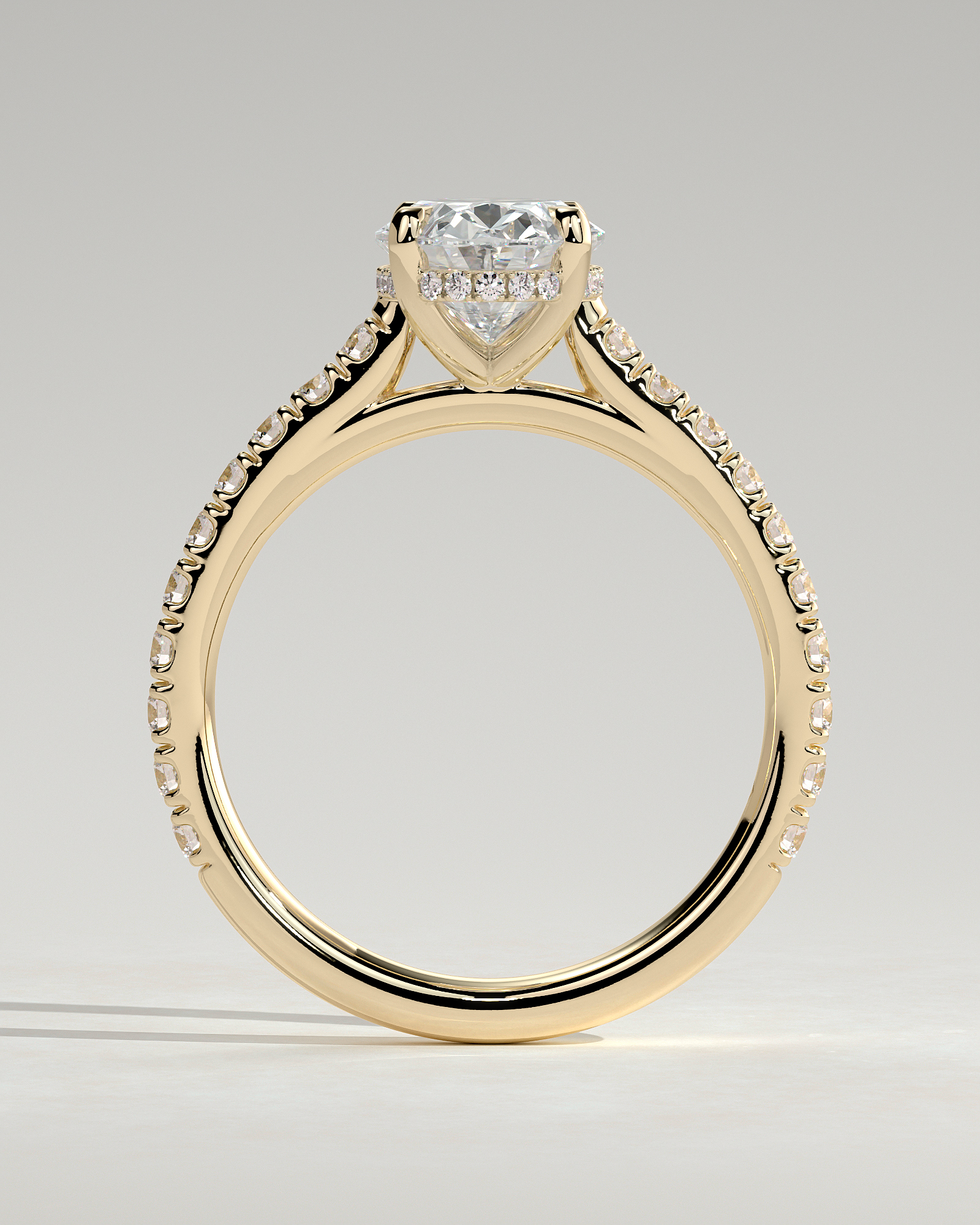 Julia - Oval 4 Claw Solitaire with Hidden Halo, Pave Band and Cathedral Setting Engagement Ring - 18k Yellow Gold