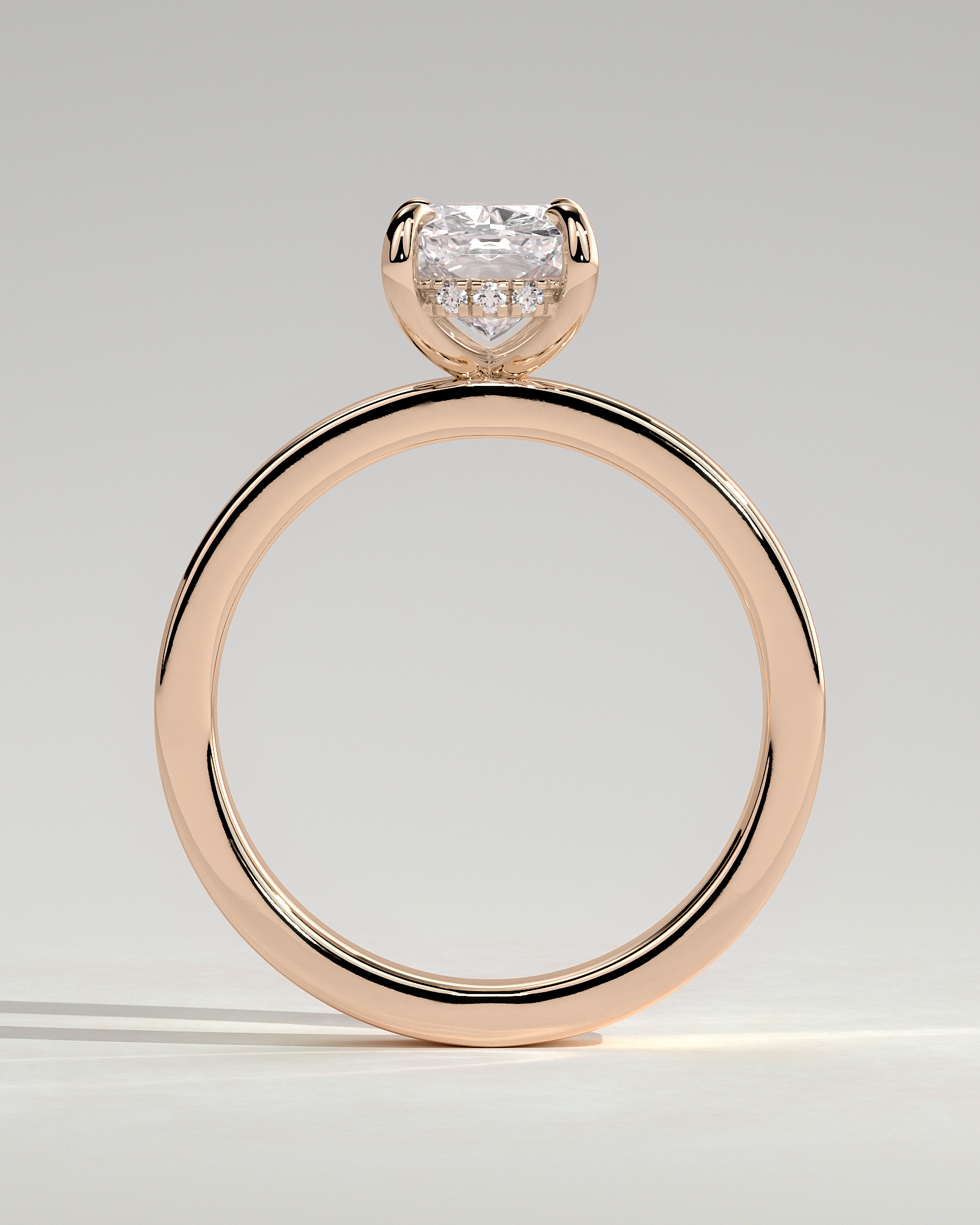 Kai - Elongated Cushion 4 Claw Solitaire with Flat Cigar Band and Hidden Halo Engagement Ring - 18k Rose Gold High Setting