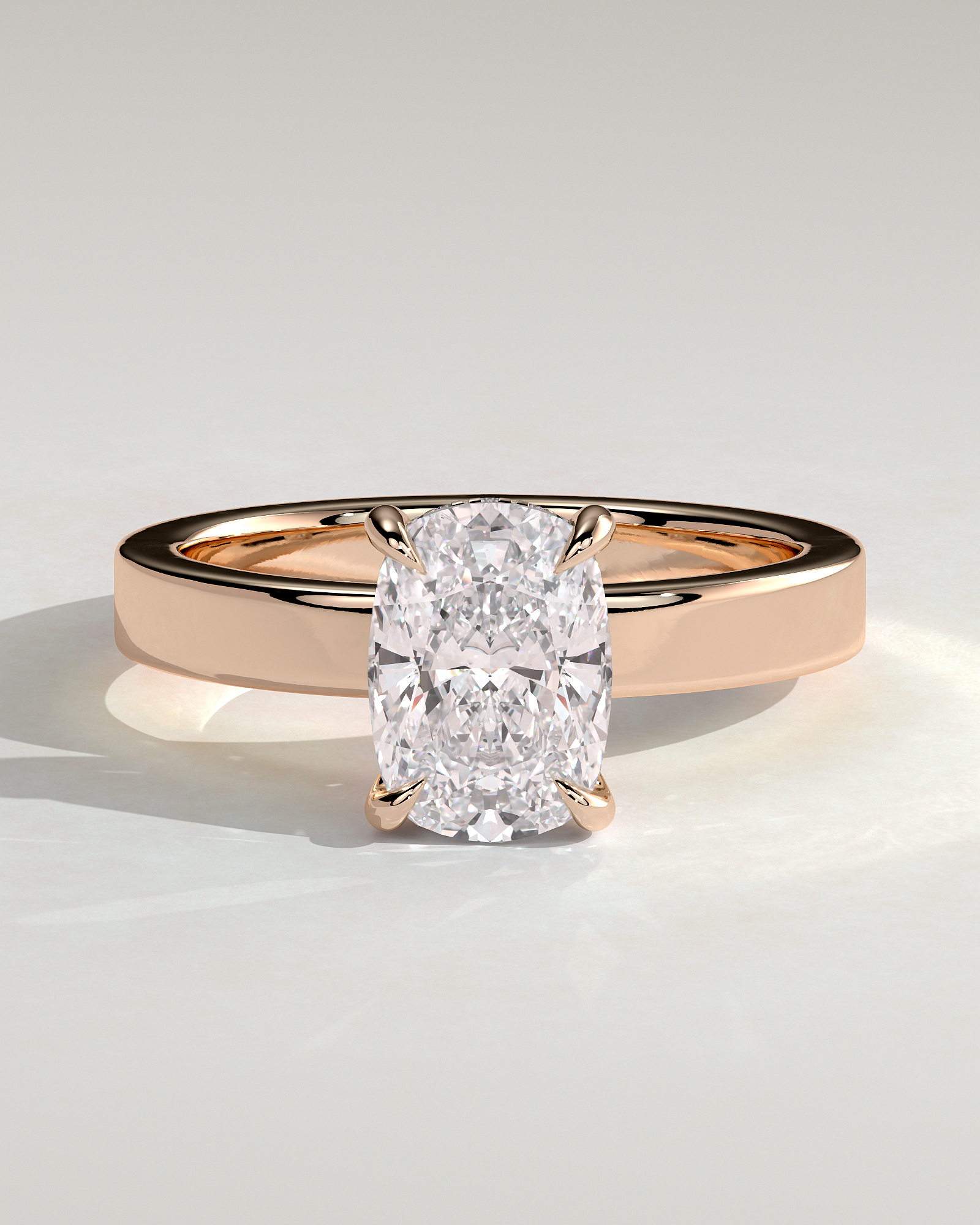 Kai - Elongated Cushion 4 Claw Solitaire with Flat Cigar Band and Hidden Halo Engagement Ring - 18k Rose Gold High Setting
