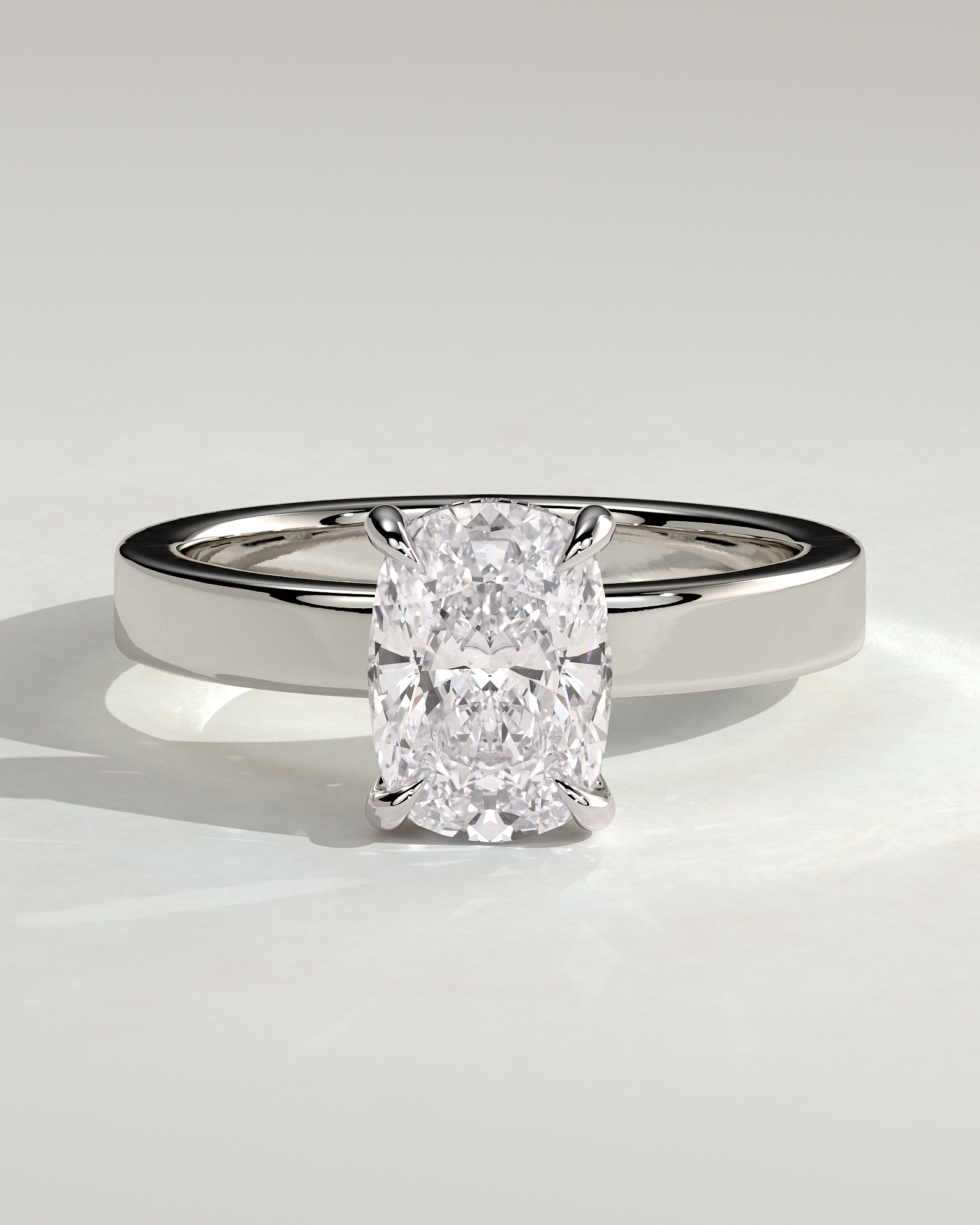Kai - Elongated Cushion 4 Claw Solitaire with Flat Cigar Band and Hidden Halo Engagement Ring - 18k White Gold High Setting