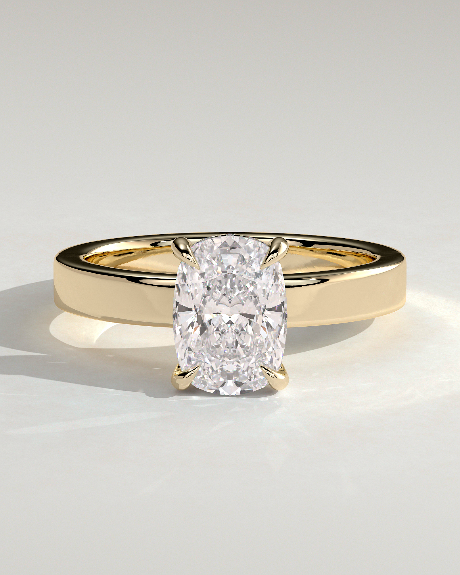 Kai - Elongated Cushion 4 Claw Solitaire with Flat Cigar Band and Hidden Halo Engagement Ring - 18k Yellow Gold High Setting