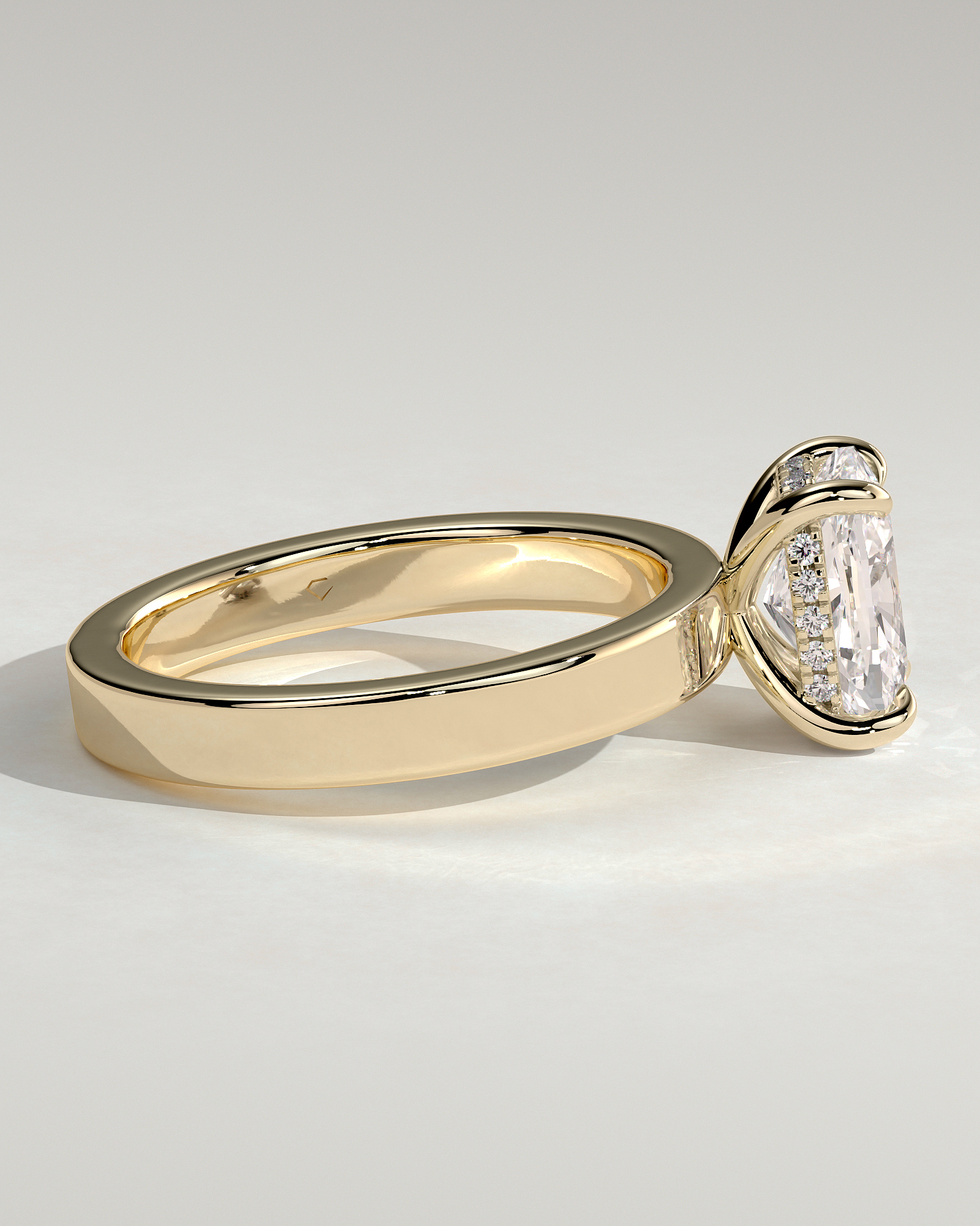 Kai - Elongated Cushion Flat Cigar Band Solitaire with Hidden Halo - 18k Yellow Gold