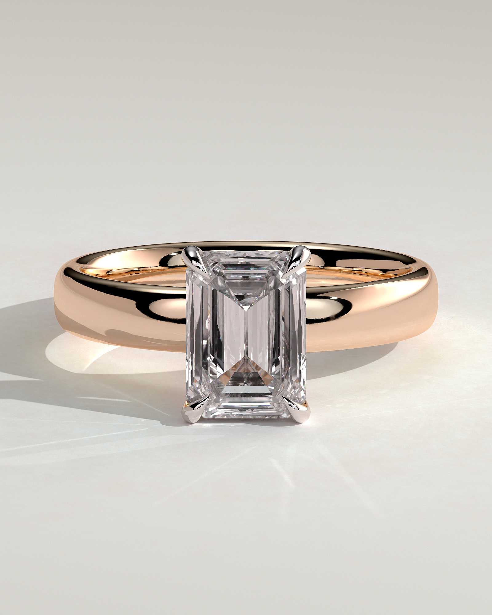 Kate - Emerald Solitaire with Cigar Band - 18k Rose Gold / 18k White Gold High Setting