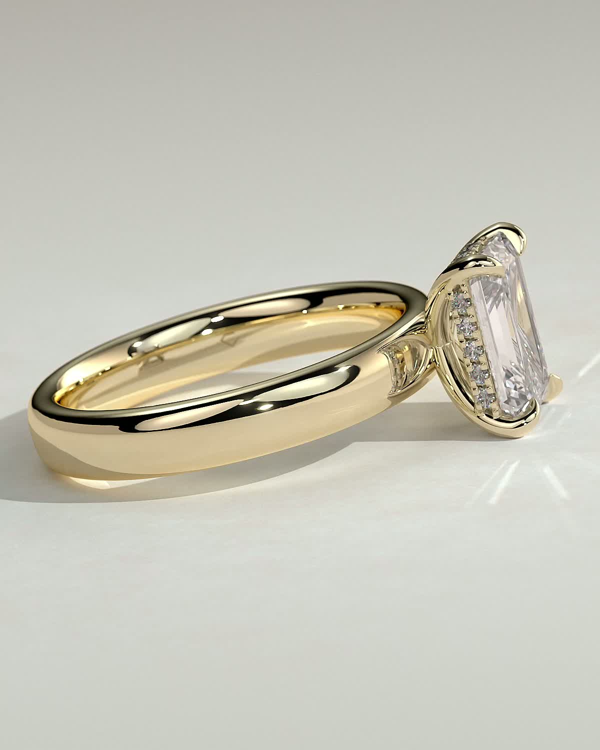 Kate - Emerald Solitaire with Cigar Band - 18k Yellow Gold High Setting