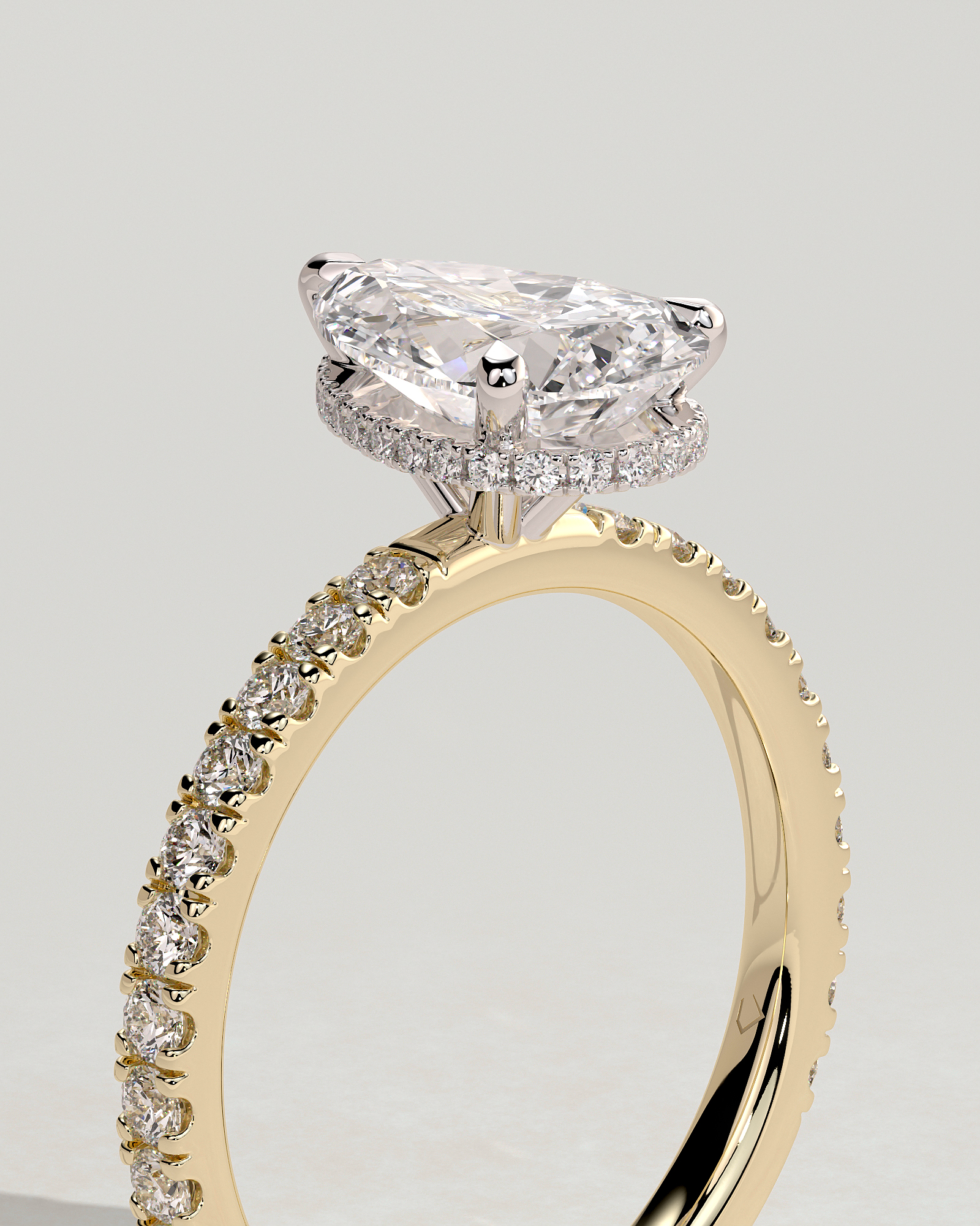 Keira - 3 Claw Pear Pav Solitaire with Hidden Halo - 18k Yellow Gold / 18k White Gold