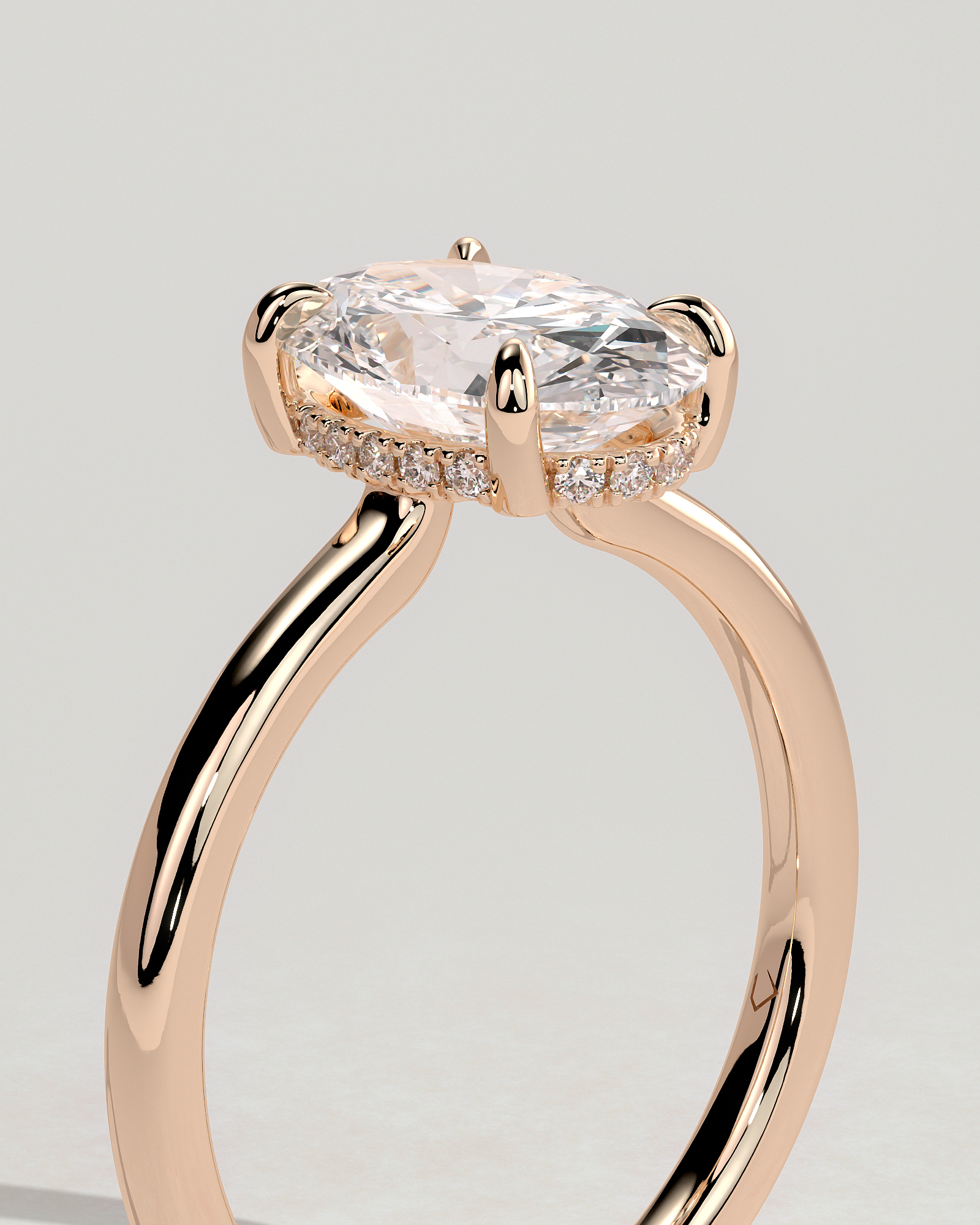 Kiana - Oval Floating Low Set Flush Solitaire with Hidden Halo - 18k Rose Gold
