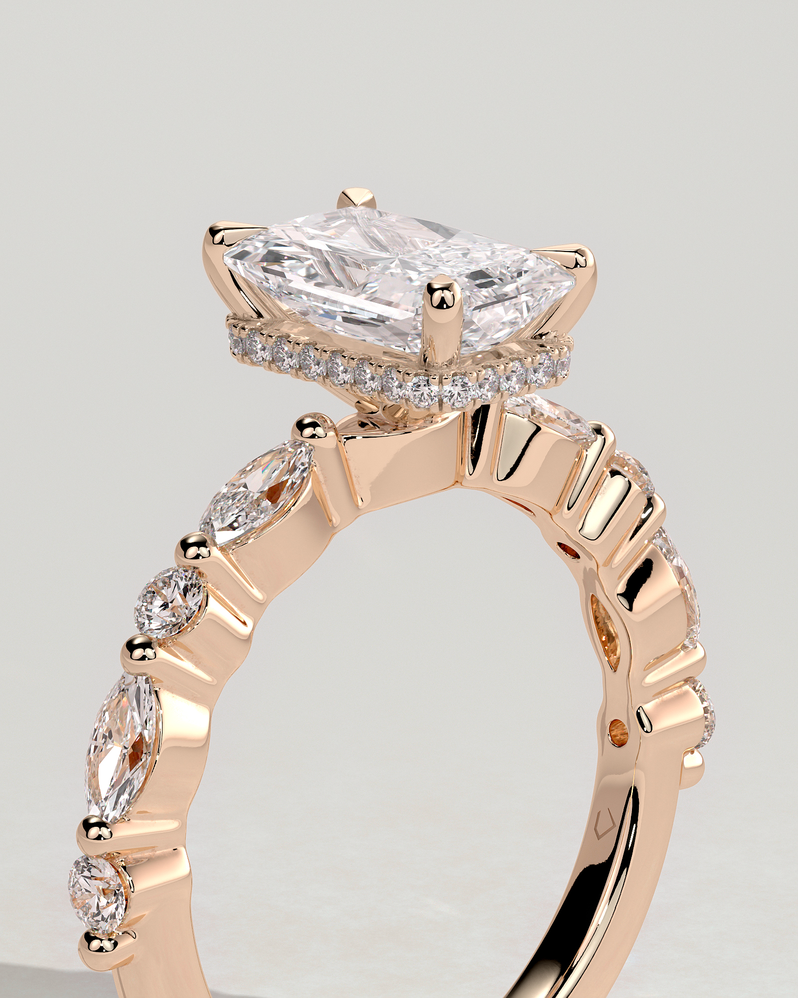 Kyla - 4 Claw Radiant with Hidden Halo & Accent Stones - 18k Rose Gold