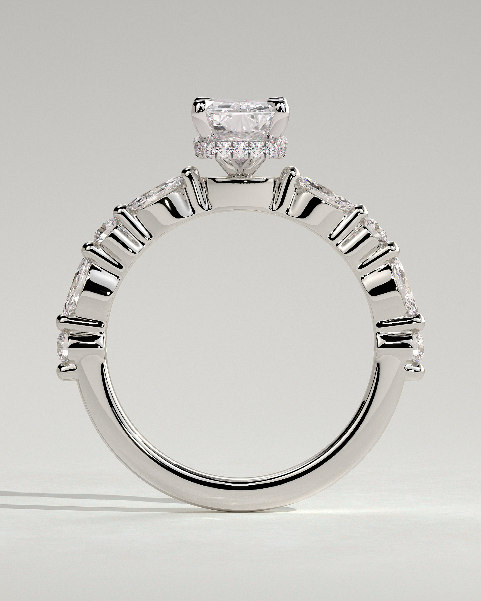 Kyla - 4 Claw Radiant with Hidden Halo & Accent Stones - 18k White Gold