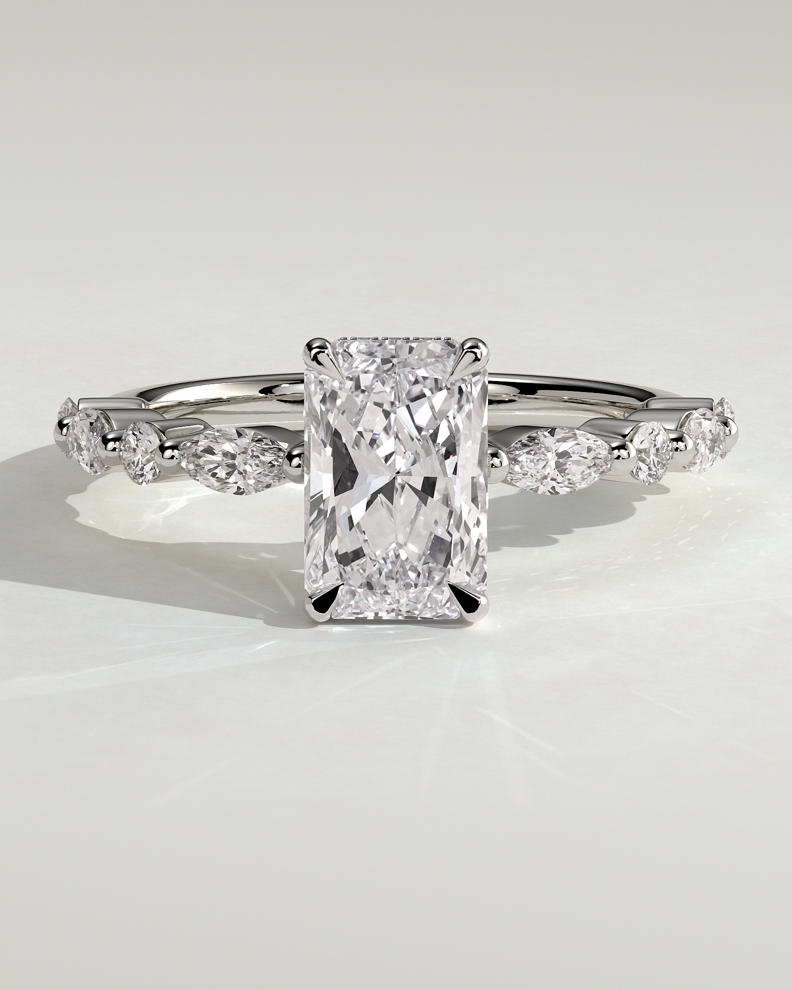 Kyla - 4 Claw Radiant with Hidden Halo & Accent Stones - 18k White Gold