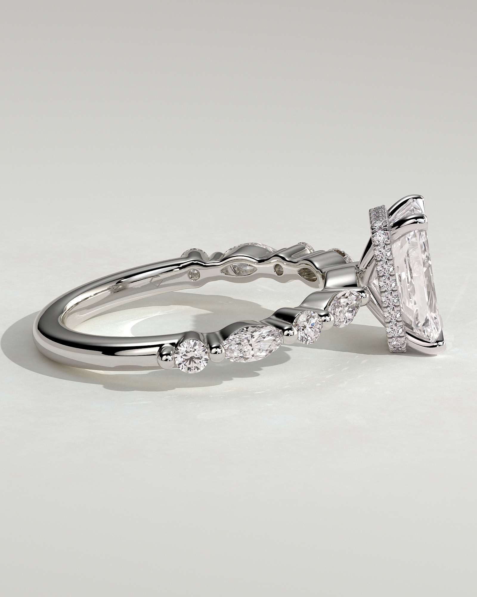 Kyla - 4 Claw Radiant with Hidden Halo & Accent Stones - 18k White Gold