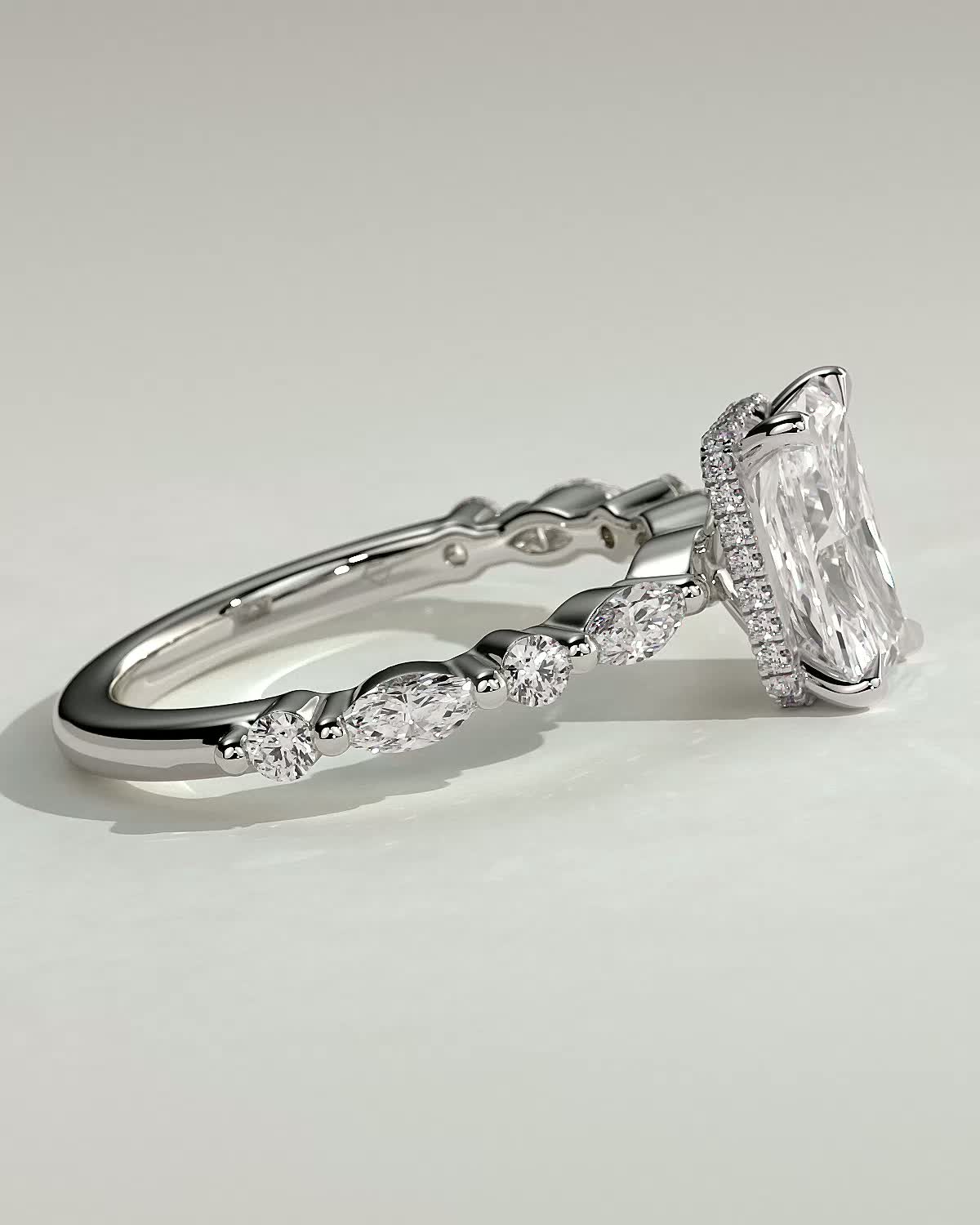 Kyla - 4 Claw Radiant with Hidden Halo & Accent Stones - 18k White Gold