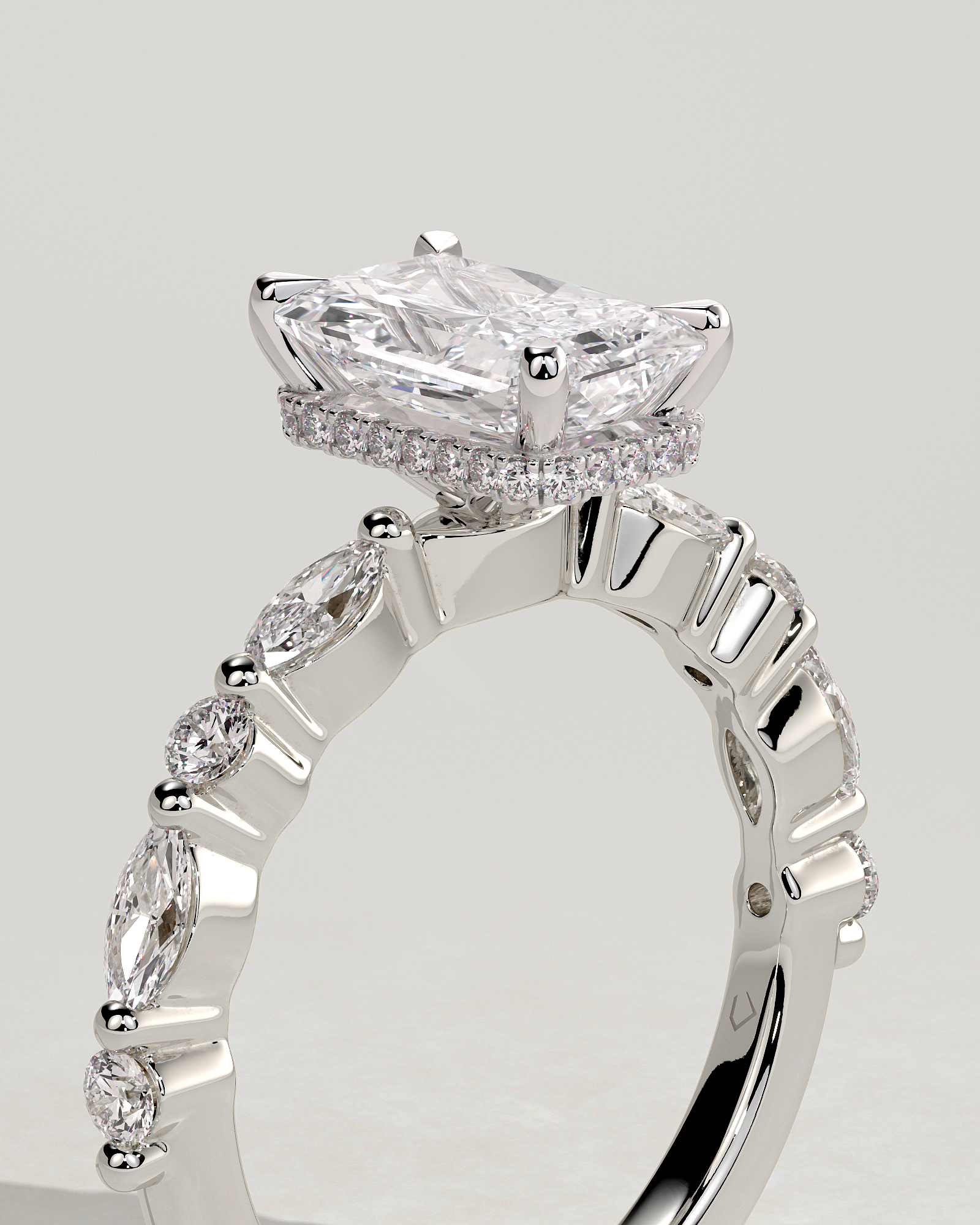 Kyla - 4 Claw Radiant with Hidden Halo & Accent Stones - 18k White Gold